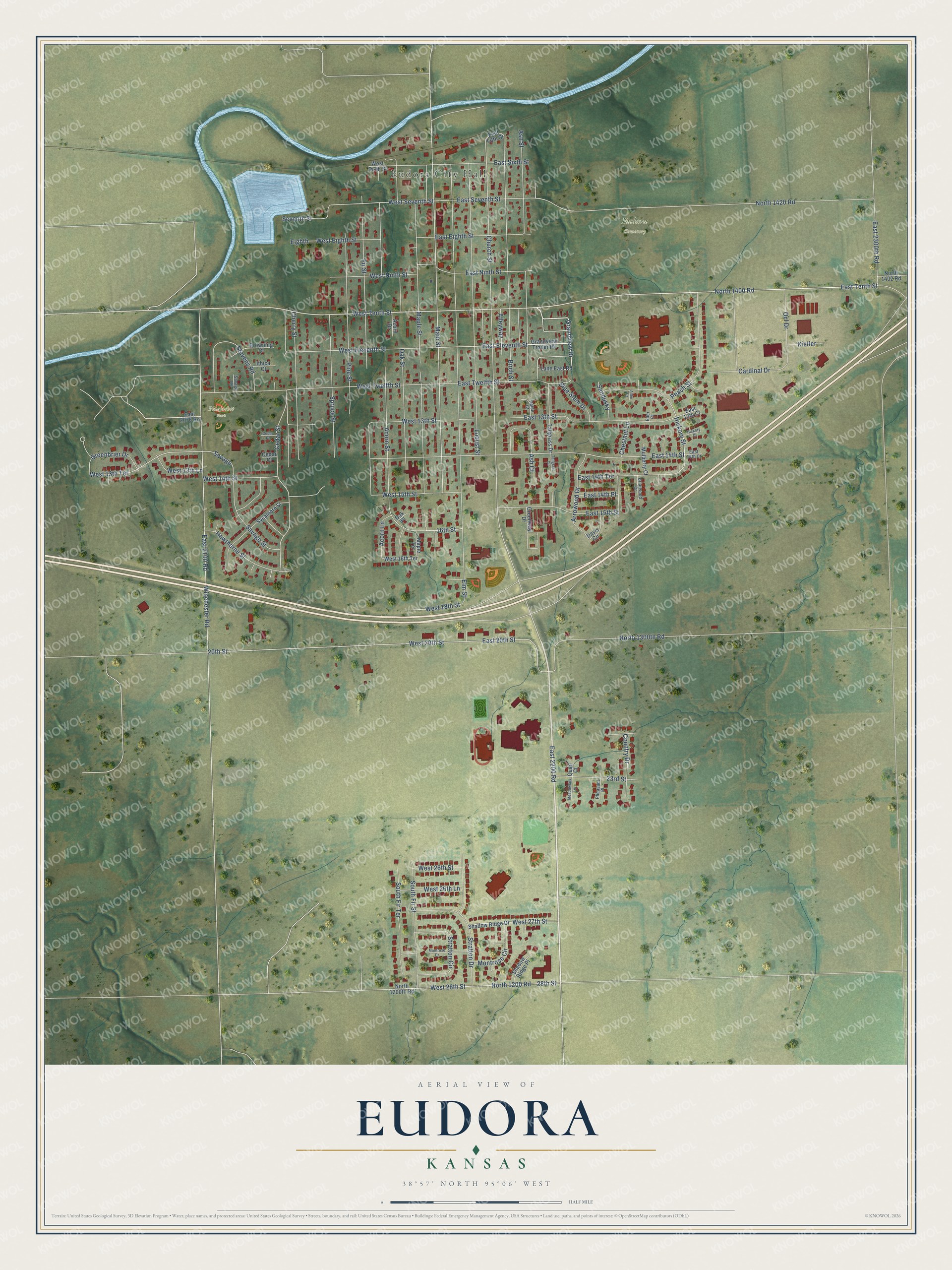 Full map of Eudora, Kansas, with red buildings, printed street names and the land around them