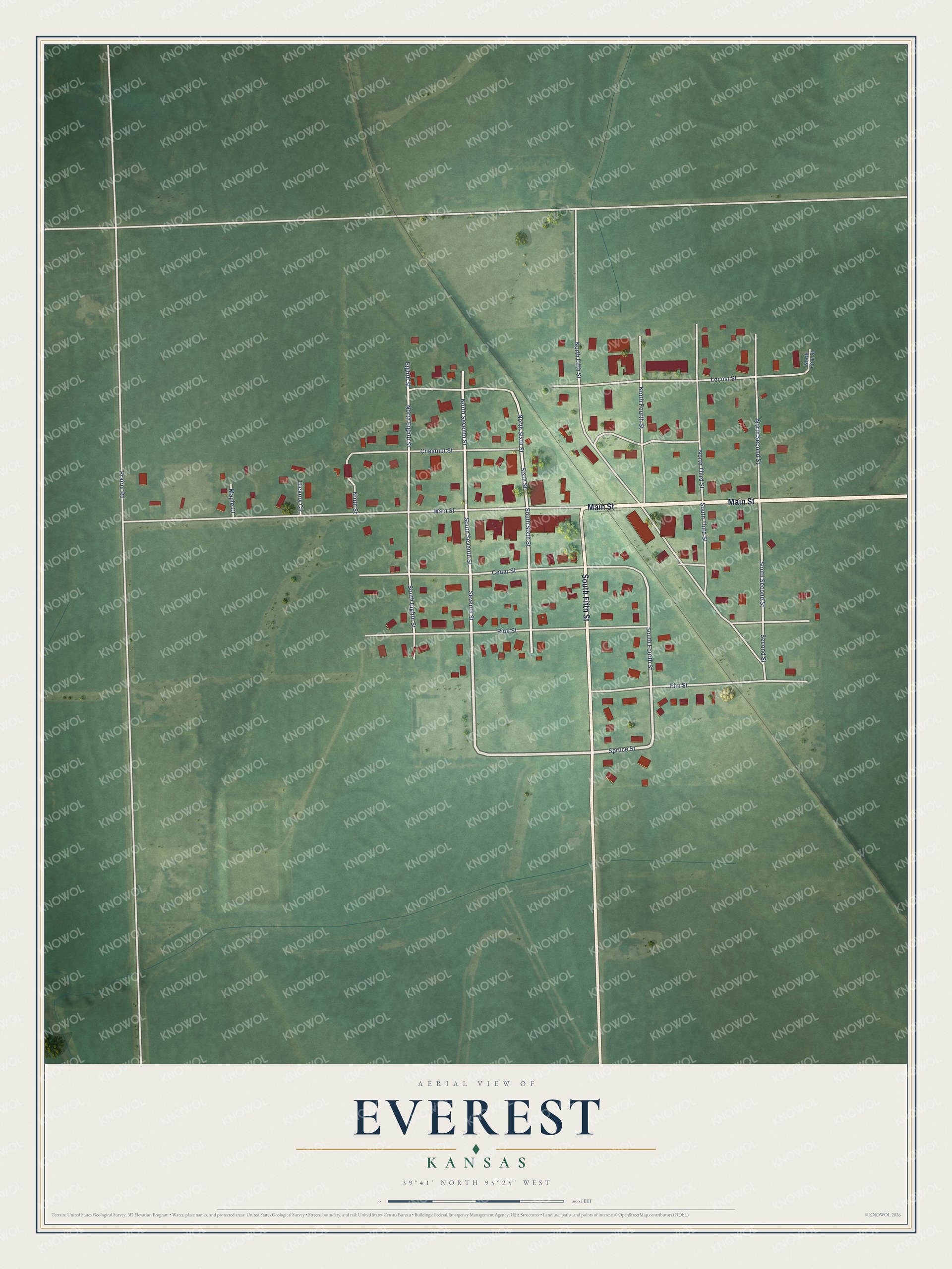 Full map of Everest, Kansas, with red buildings, printed street names and the land around them