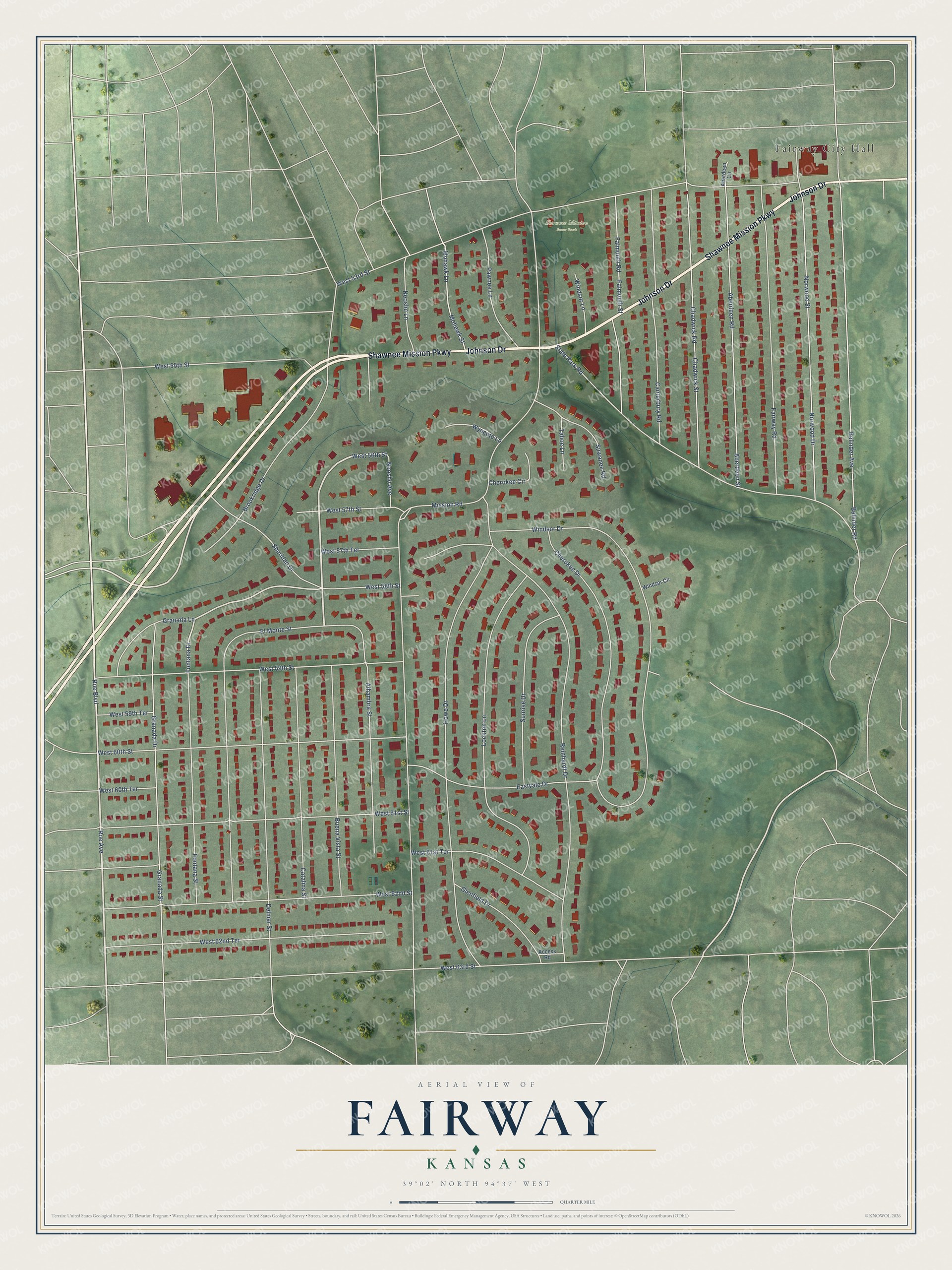 Full map of Fairway, Kansas, with red buildings, printed street names and the land around them