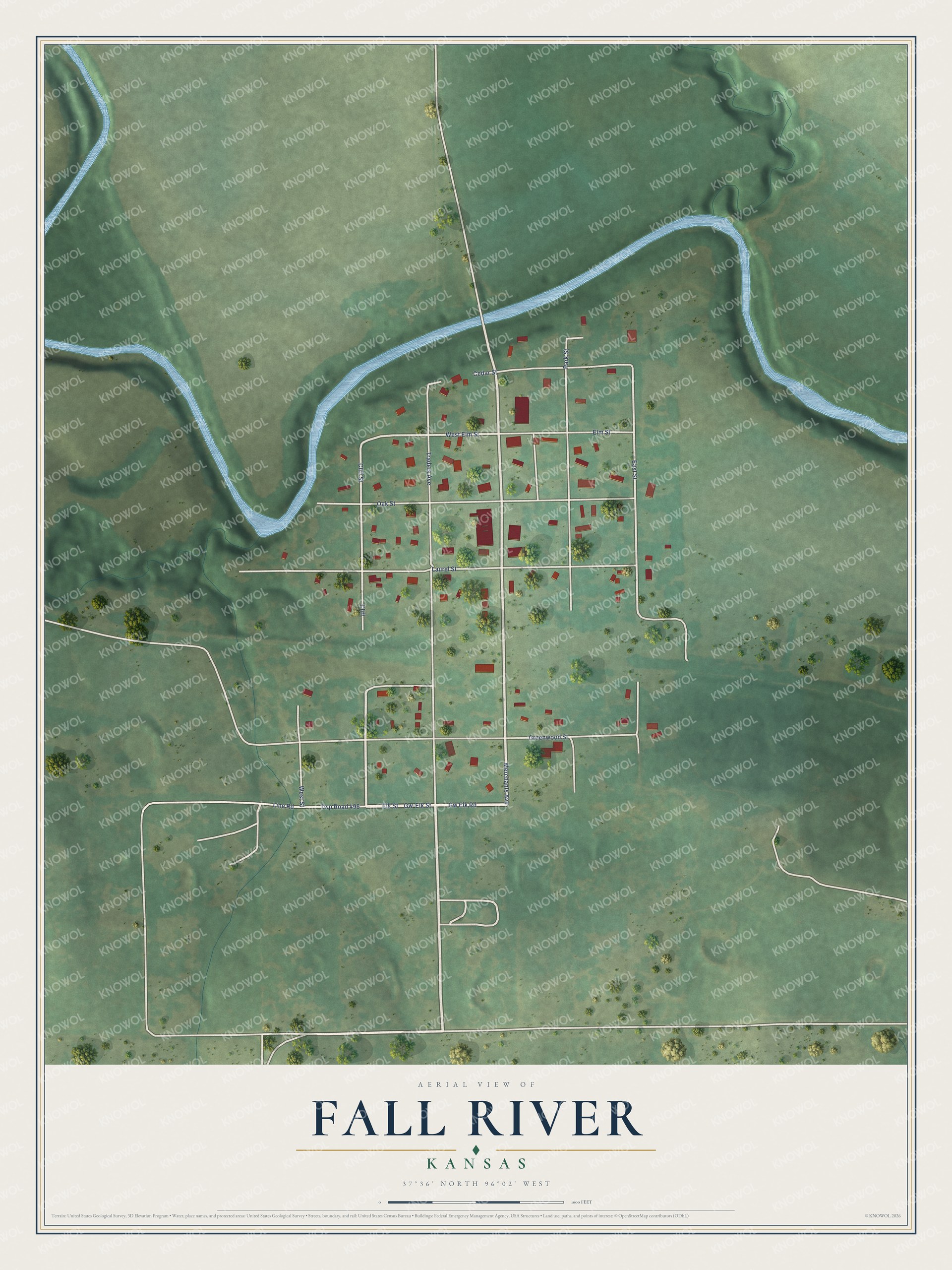 Full map of Fall River, Kansas, with red buildings, printed street names and the land around them