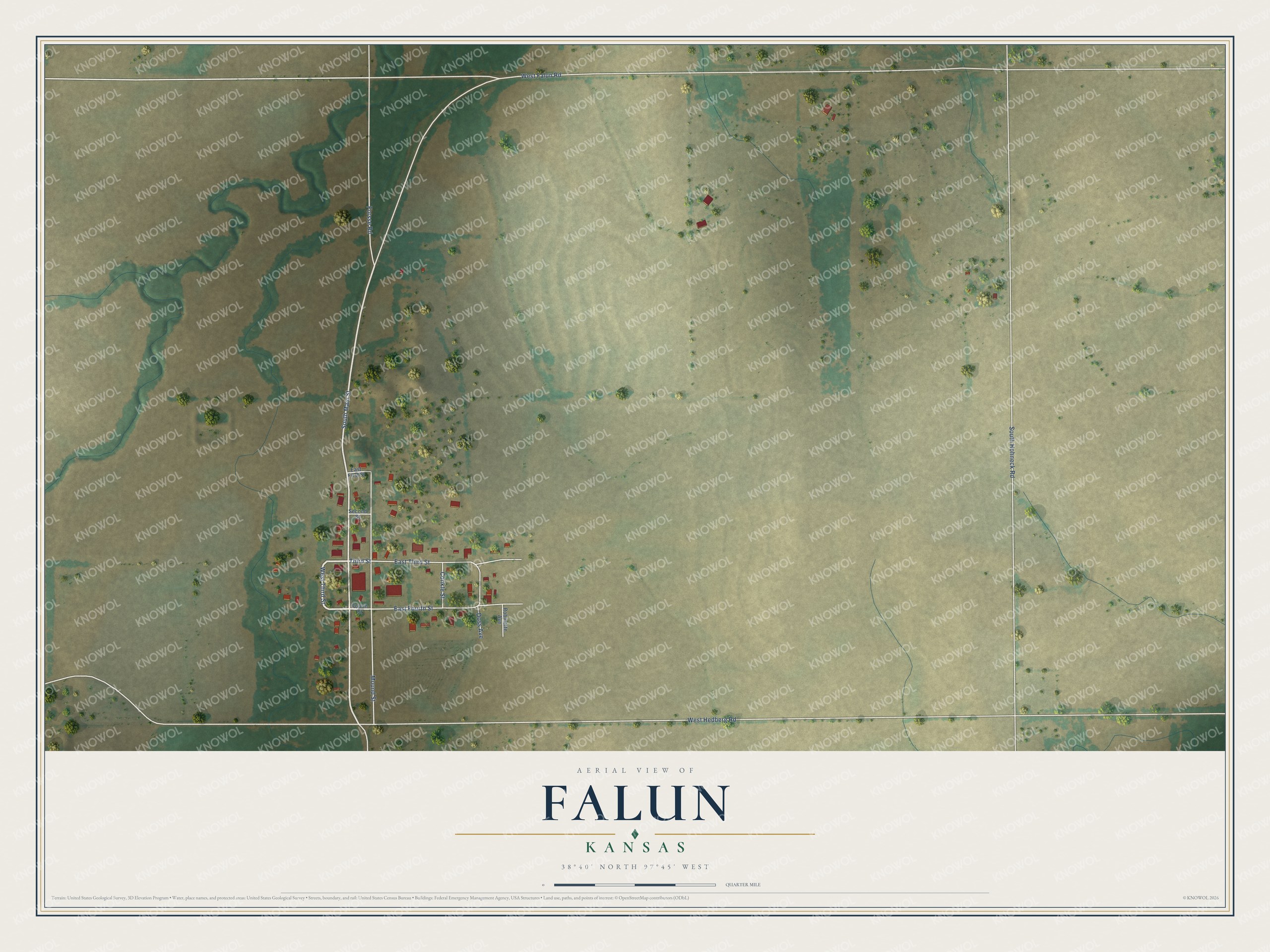 Full map of Falun, Kansas, with red buildings, printed street names and the land around them