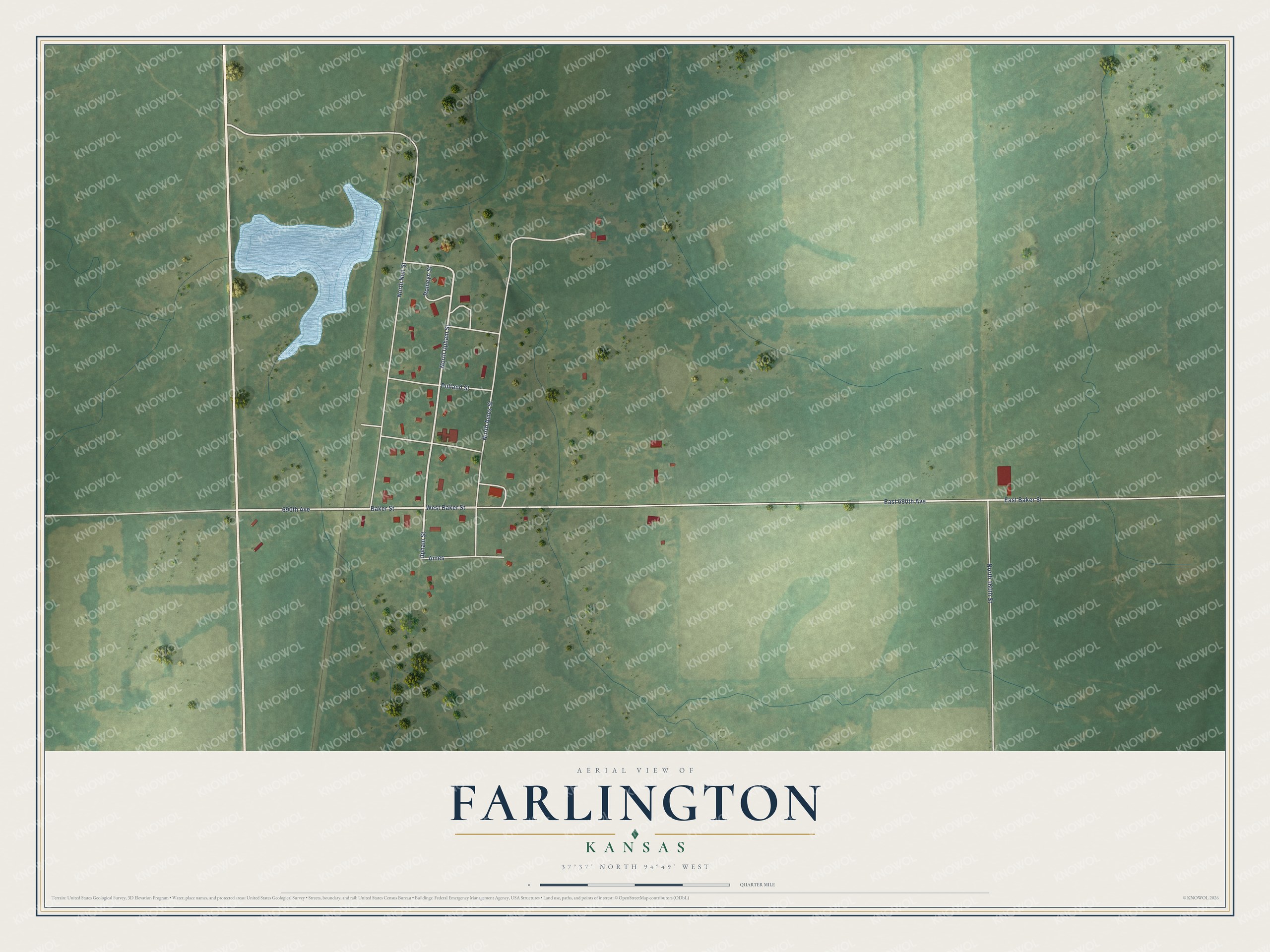Full map of Farlington, Kansas, with red buildings, printed street names and the land around them