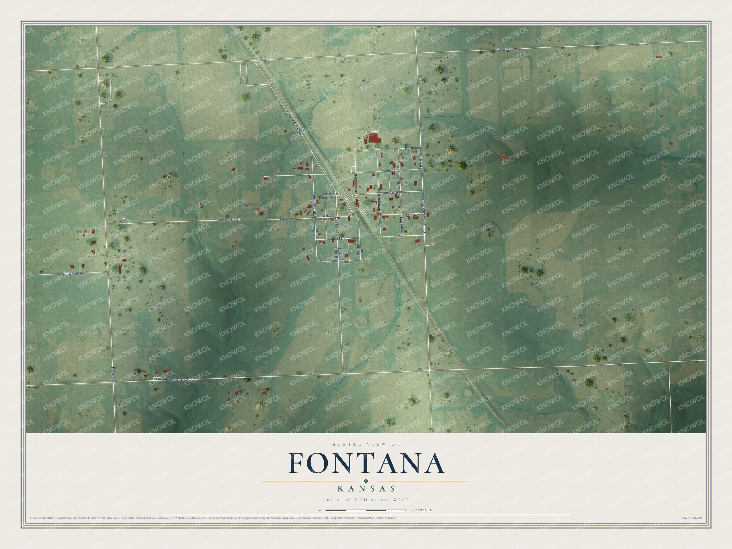 Full map of Fontana, Kansas, with red buildings, printed street names and the land around them