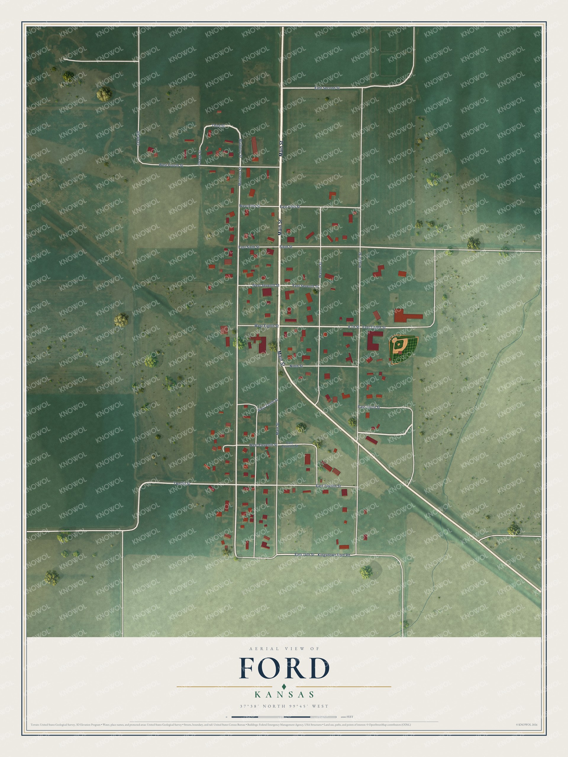 Full map of Ford, Kansas, with red buildings, printed street names and the land around them