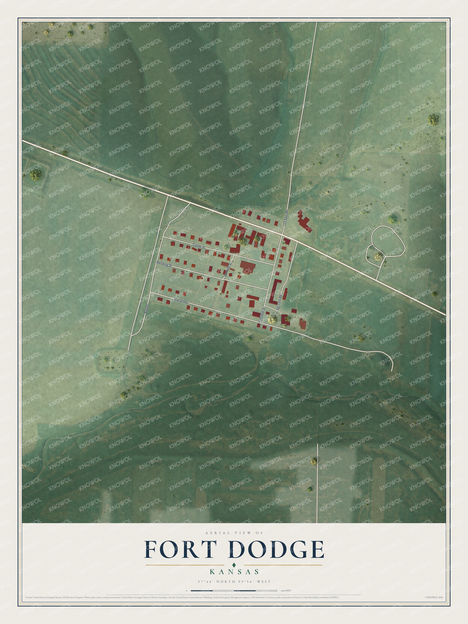 Full map of Fort Dodge, Kansas, with red buildings, printed street names and the land around them