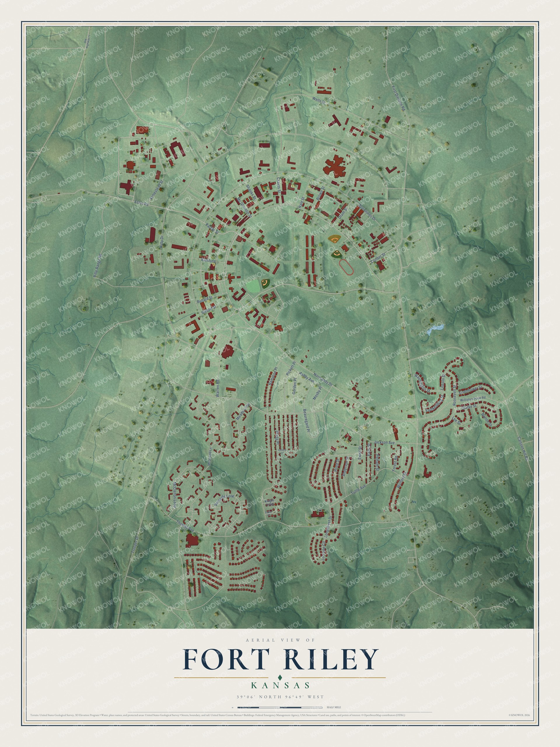 Full map of Fort Riley, Kansas, with red buildings, printed street names and the land around them