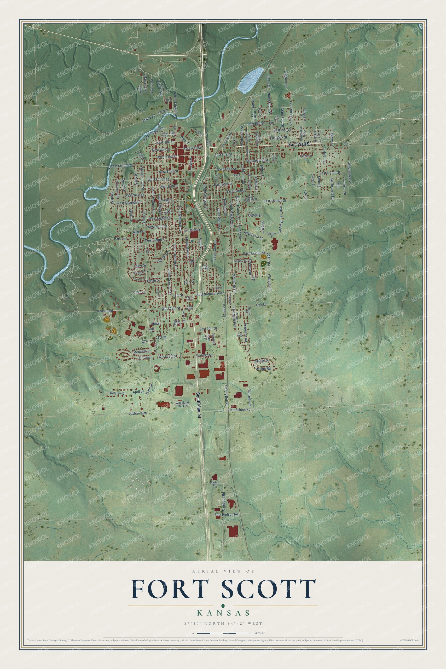 Full map of Fort Scott, Kansas, with red buildings, printed street names and the land around them