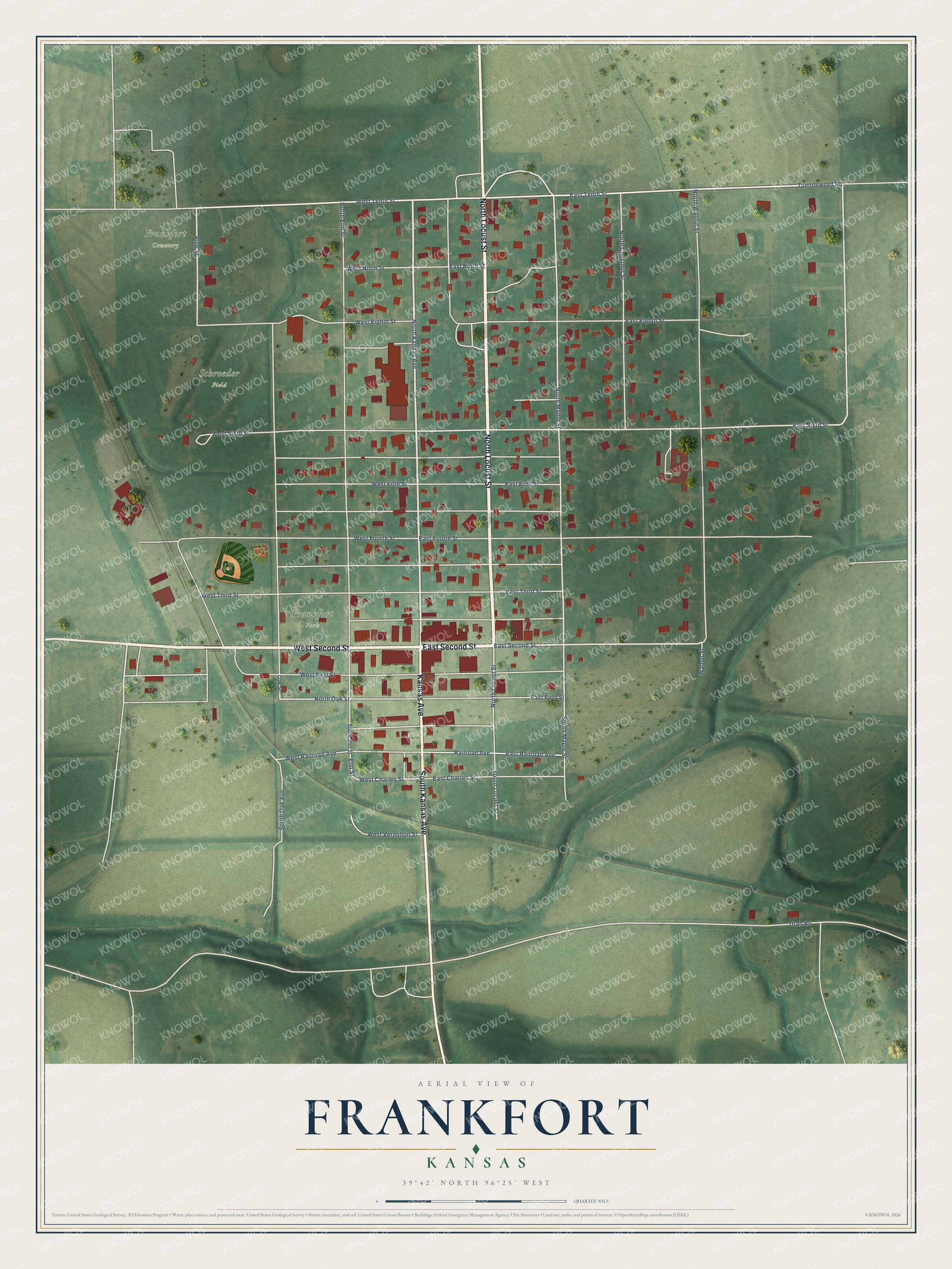 Full map of Frankfort, Kansas, with red buildings, printed street names and the land around them