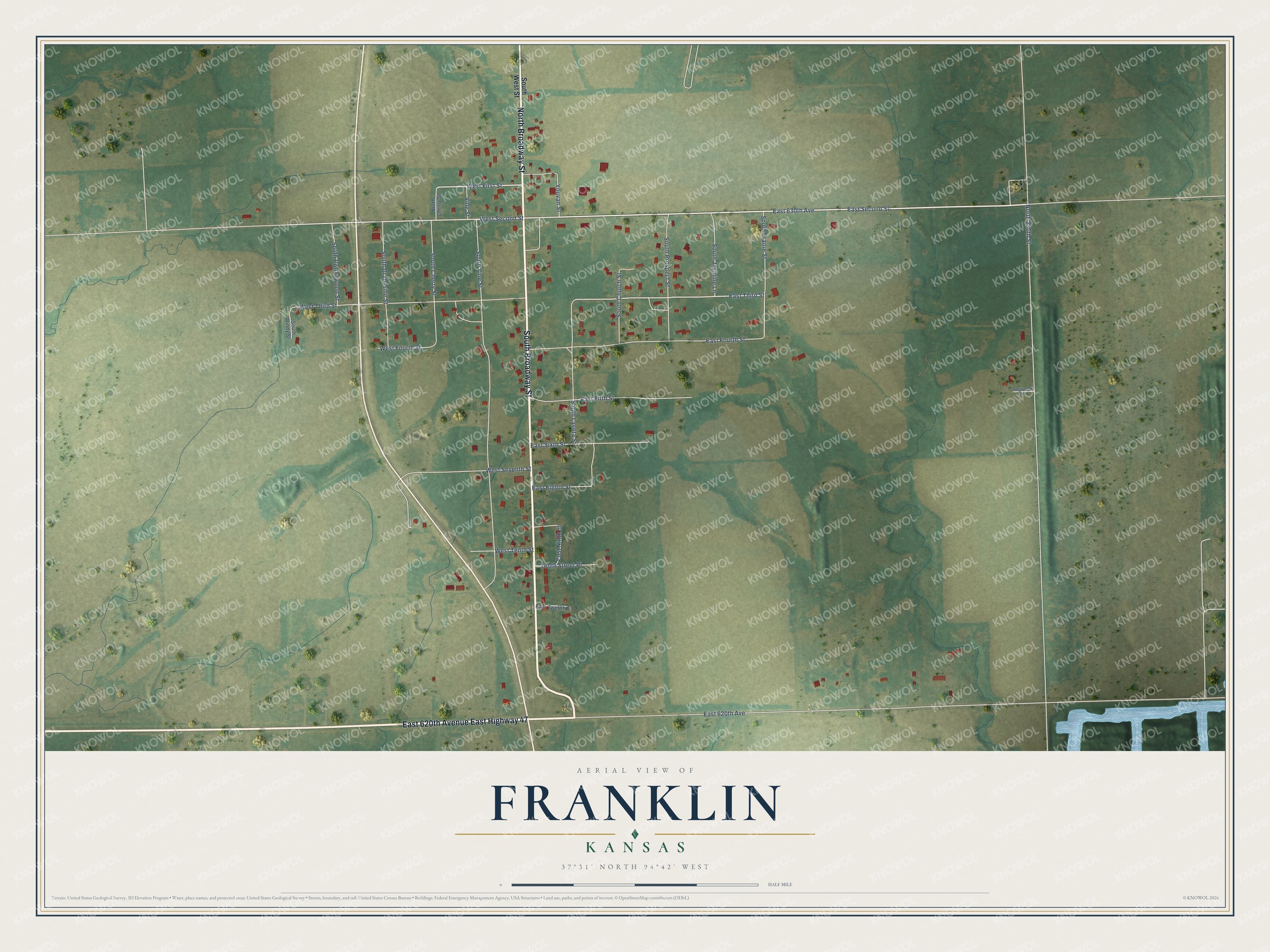 Full map of Franklin, Kansas, with red buildings, printed street names and the land around them
