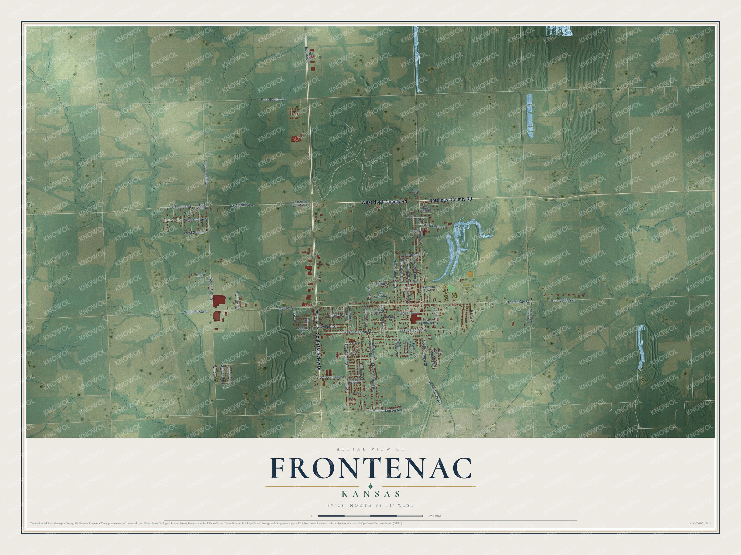 Full map of Frontenac, Kansas, with red buildings, printed street names and the land around them