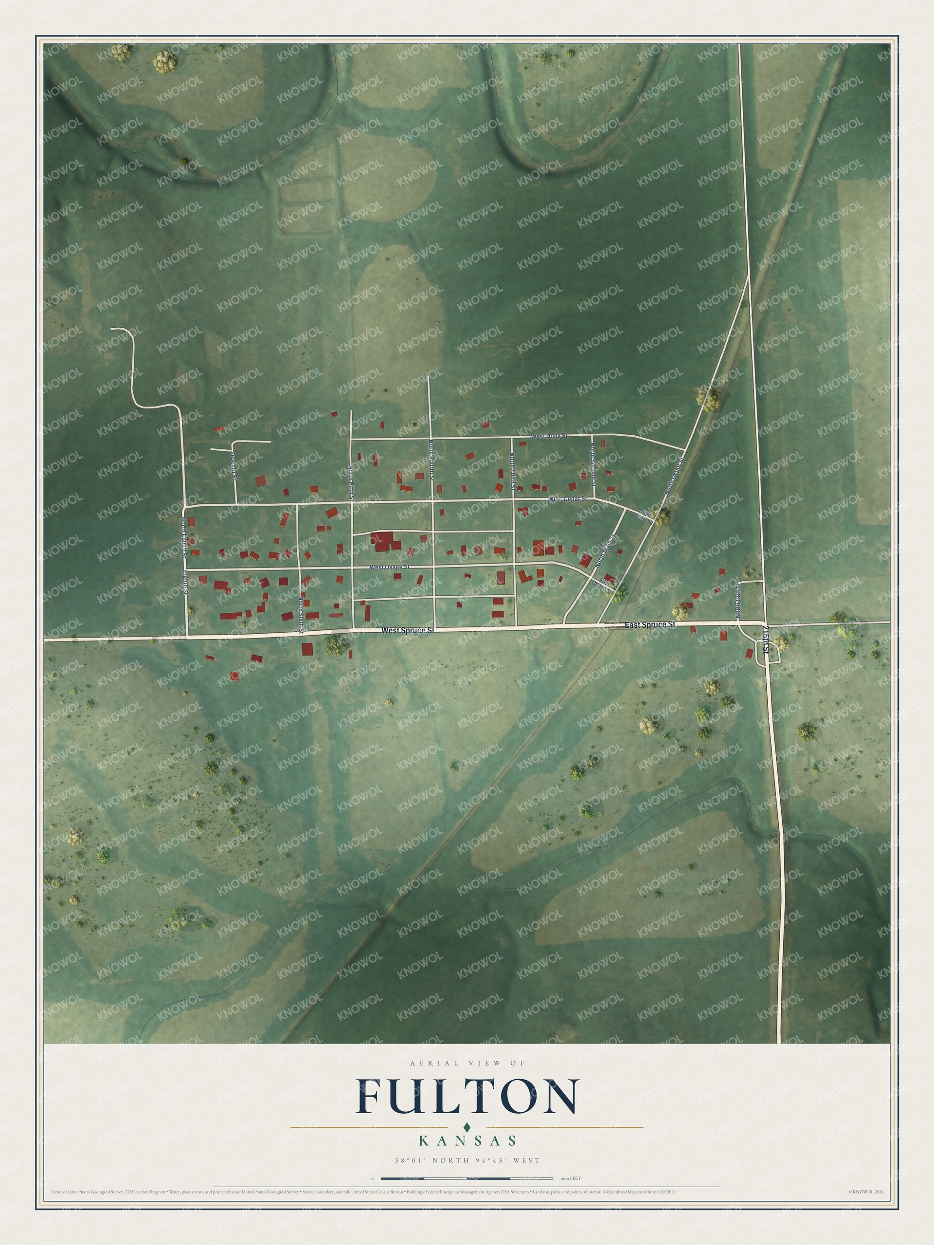 Full map of Fulton, Kansas, with red buildings, printed street names and the land around them