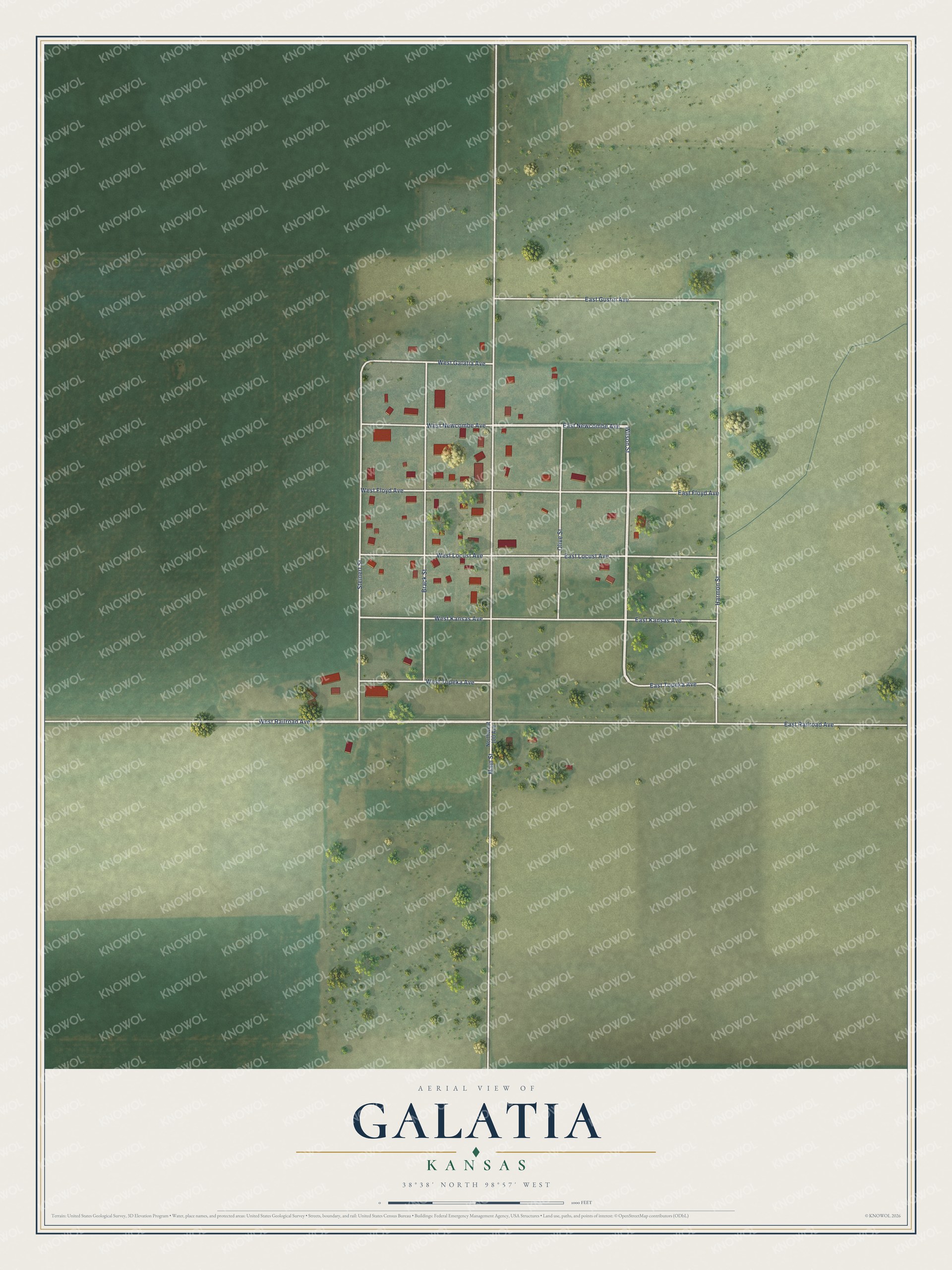 Full map of Galatia, Kansas, with red buildings, printed street names and the land around them