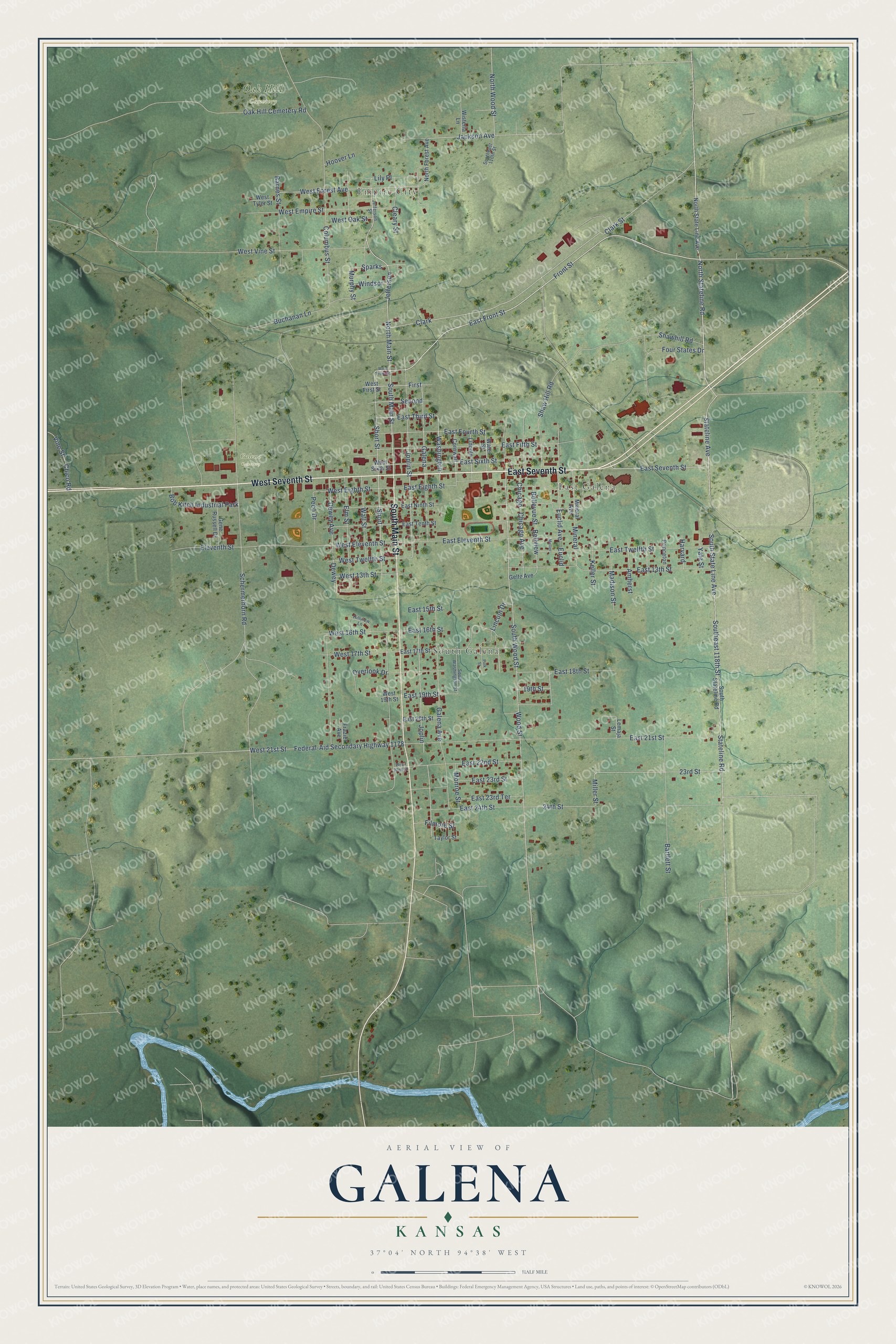 Full map of Galena, Kansas, with red buildings, printed street names and the land around them