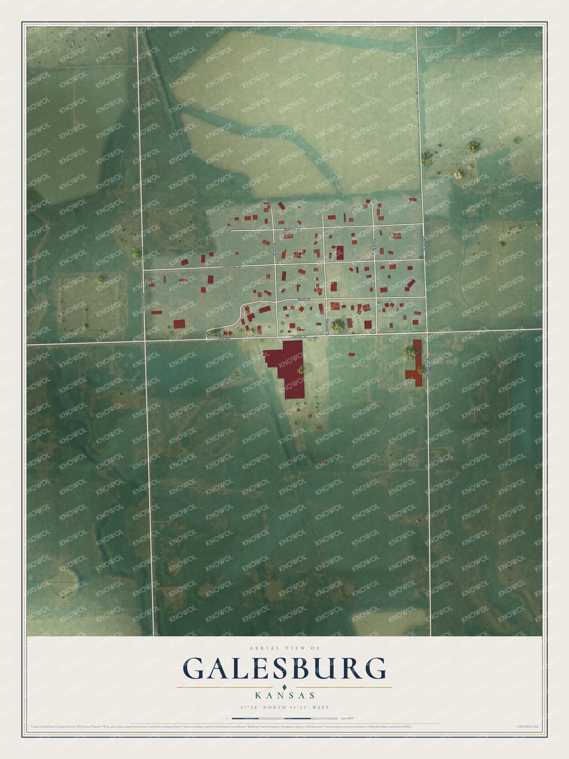 Full map of Galesburg, Kansas, with red buildings, printed street names and the land around them