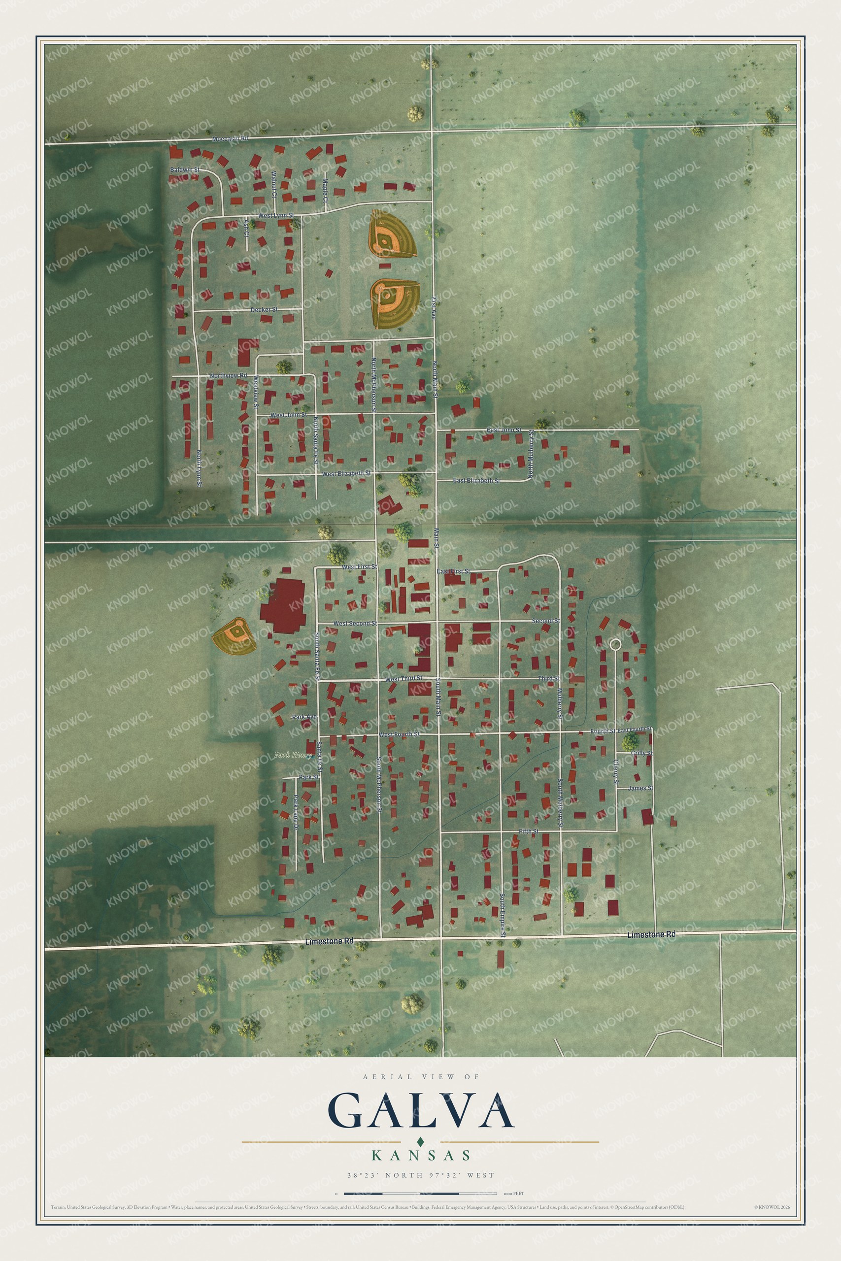 Full map of Galva, Kansas, with red buildings, printed street names and the land around them