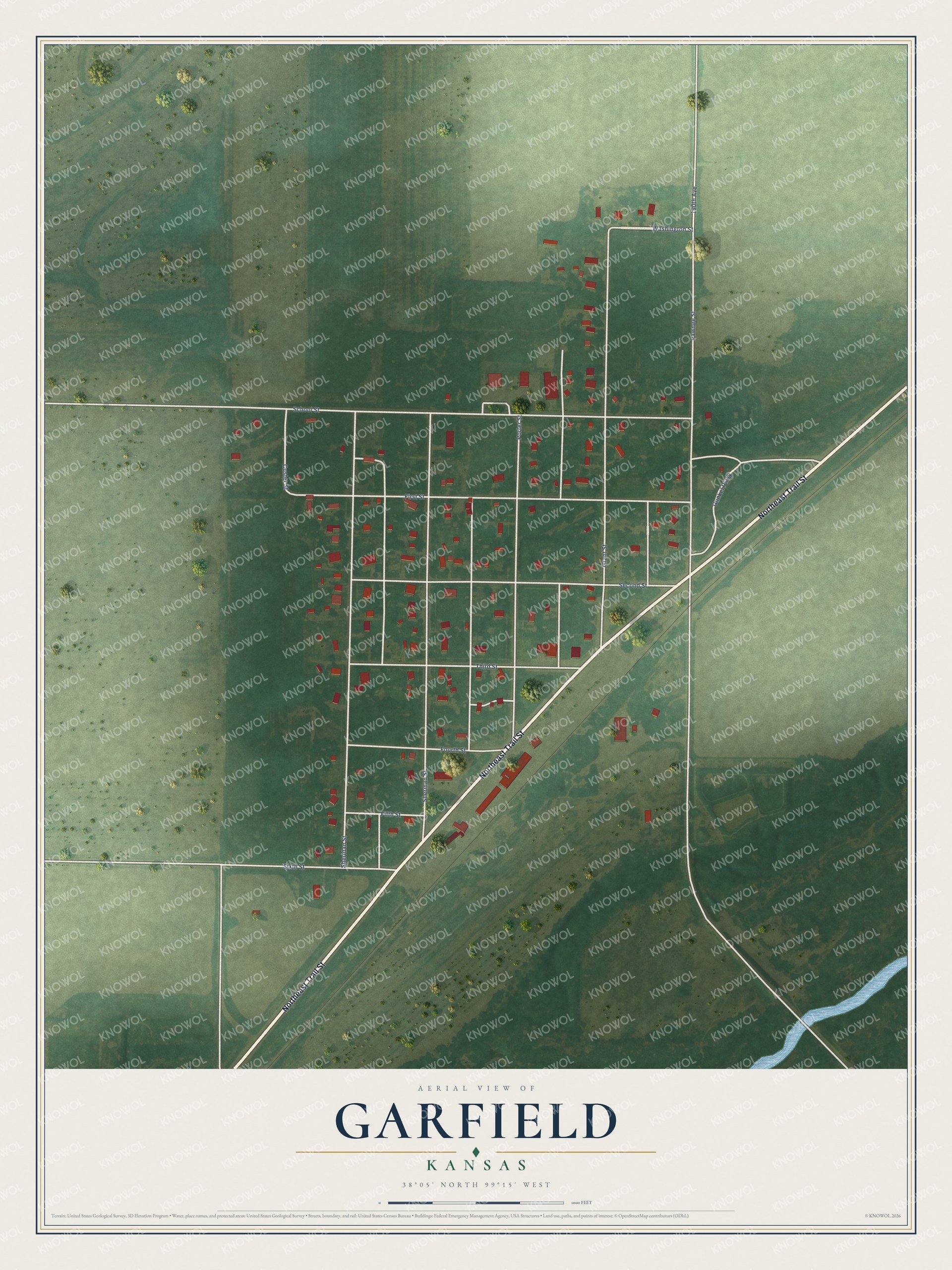 Full map of Garfield, Kansas, with red buildings, printed street names and the land around them