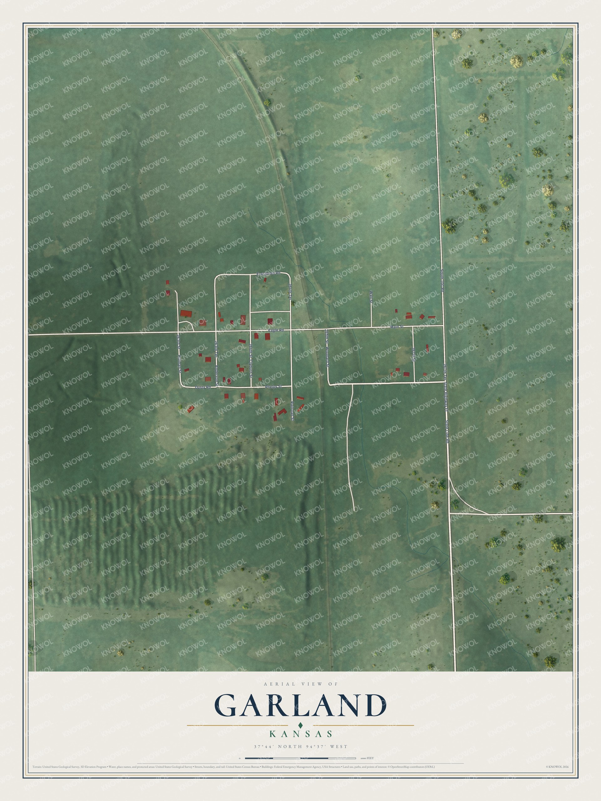 Full map of Garland, Kansas, with red buildings, printed street names and the land around them