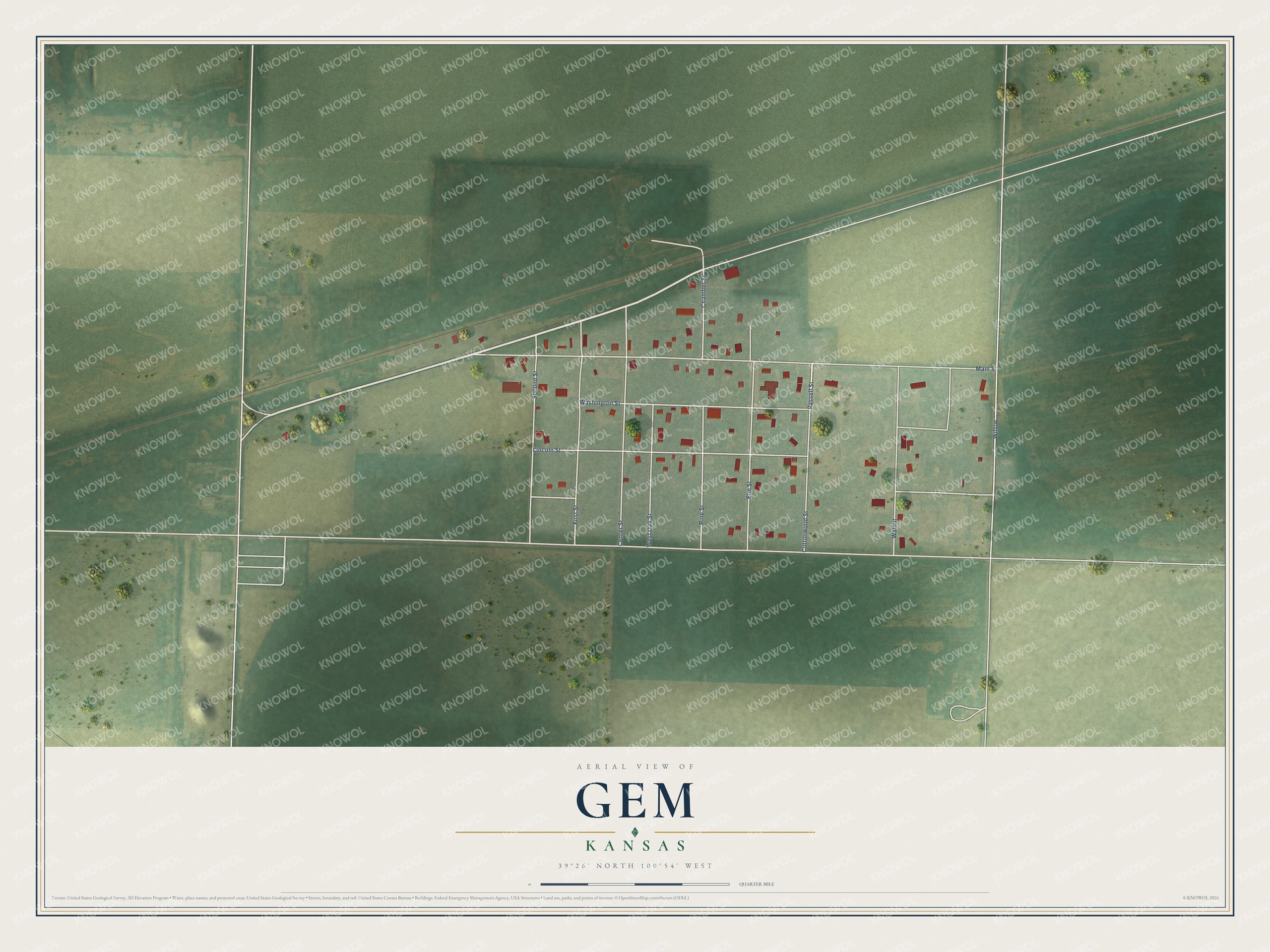 Full map of Gem, Kansas, with red buildings, printed street names and the land around them
