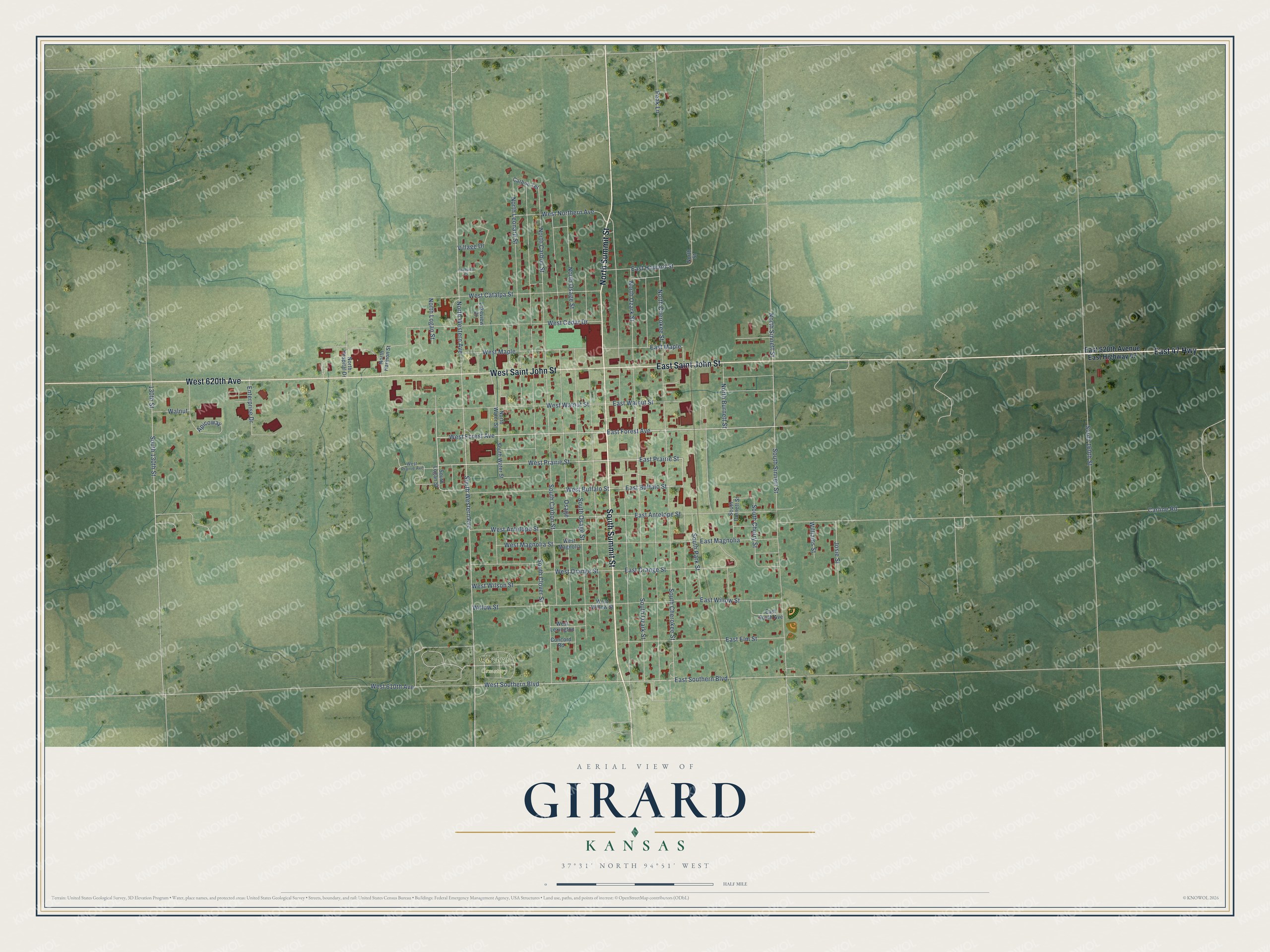 Full map of Girard, Kansas, with red buildings, printed street names and the land around them