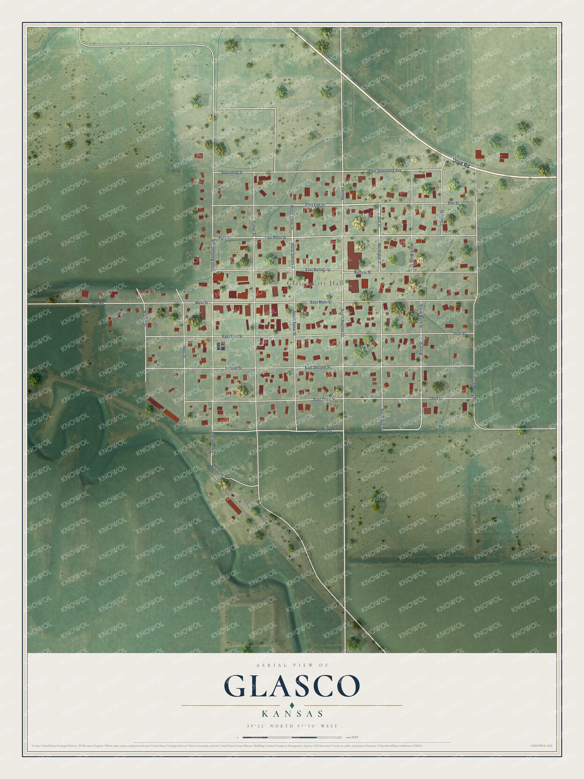 Full map of Glasco, Kansas, with red buildings, printed street names and the land around them