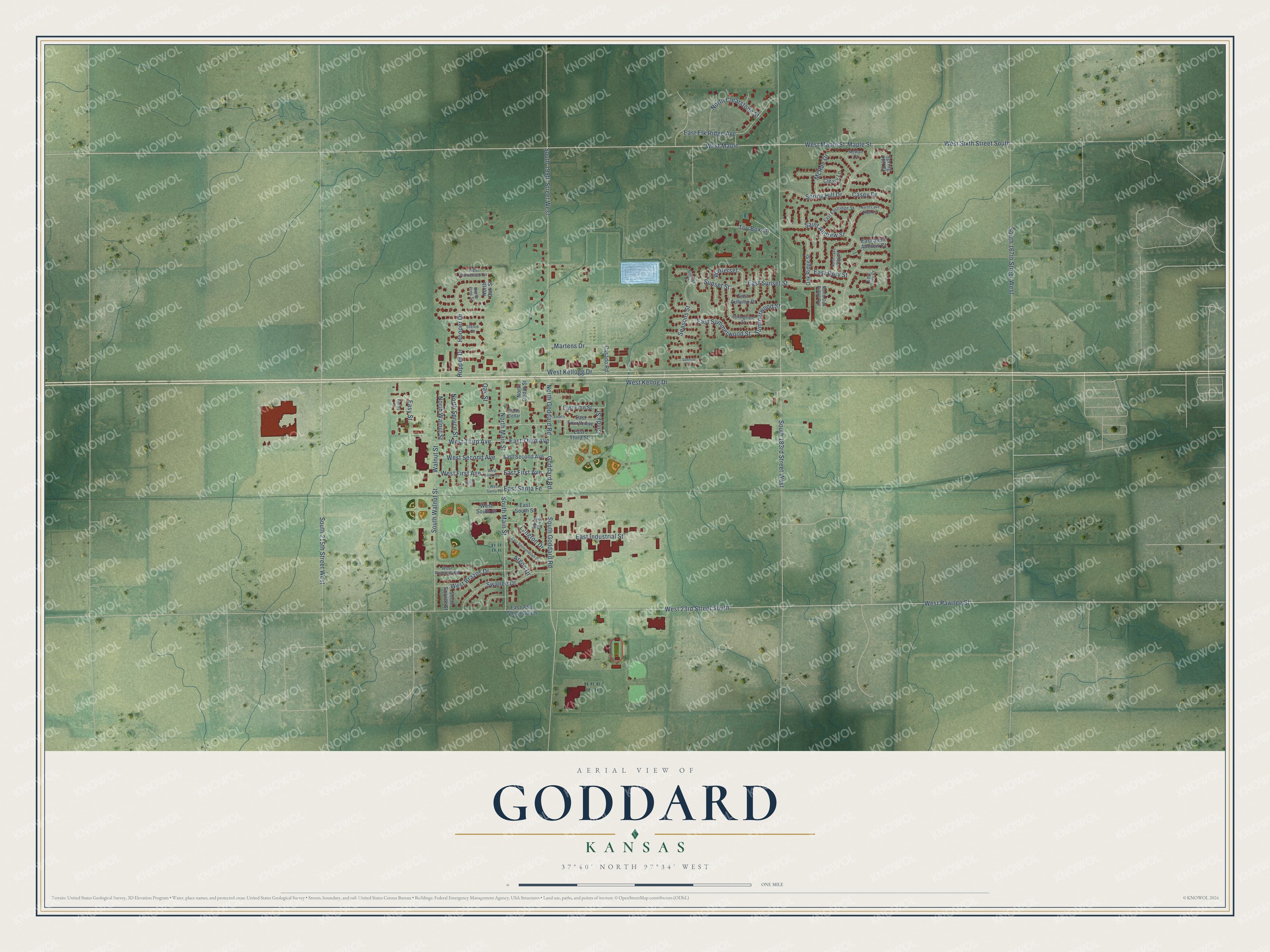 Full map of Goddard, Kansas, with red buildings, printed street names and the land around them
