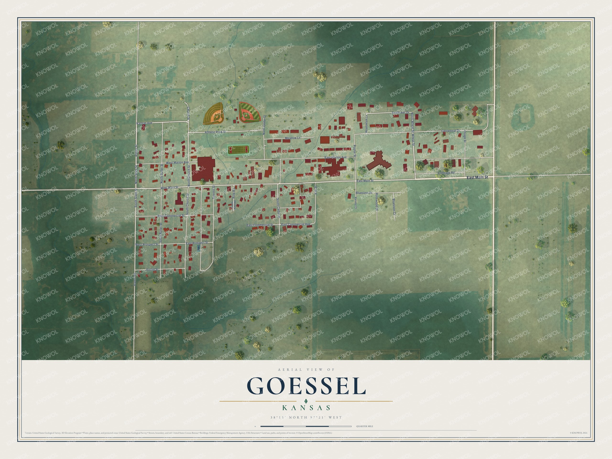 Full map of Goessel, Kansas, with red buildings, printed street names and the land around them