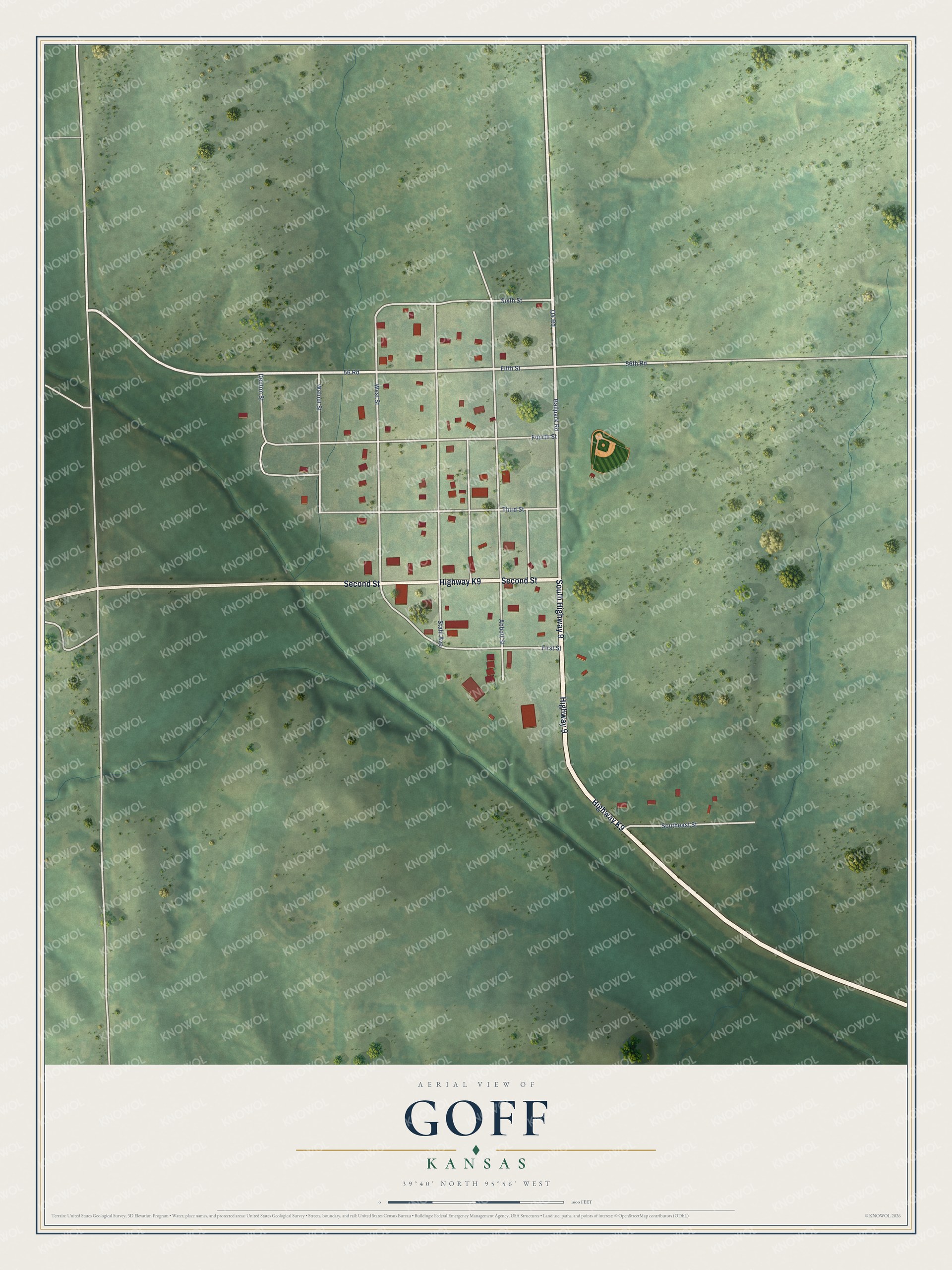 Full map of Goff, Kansas, with red buildings, printed street names and the land around them