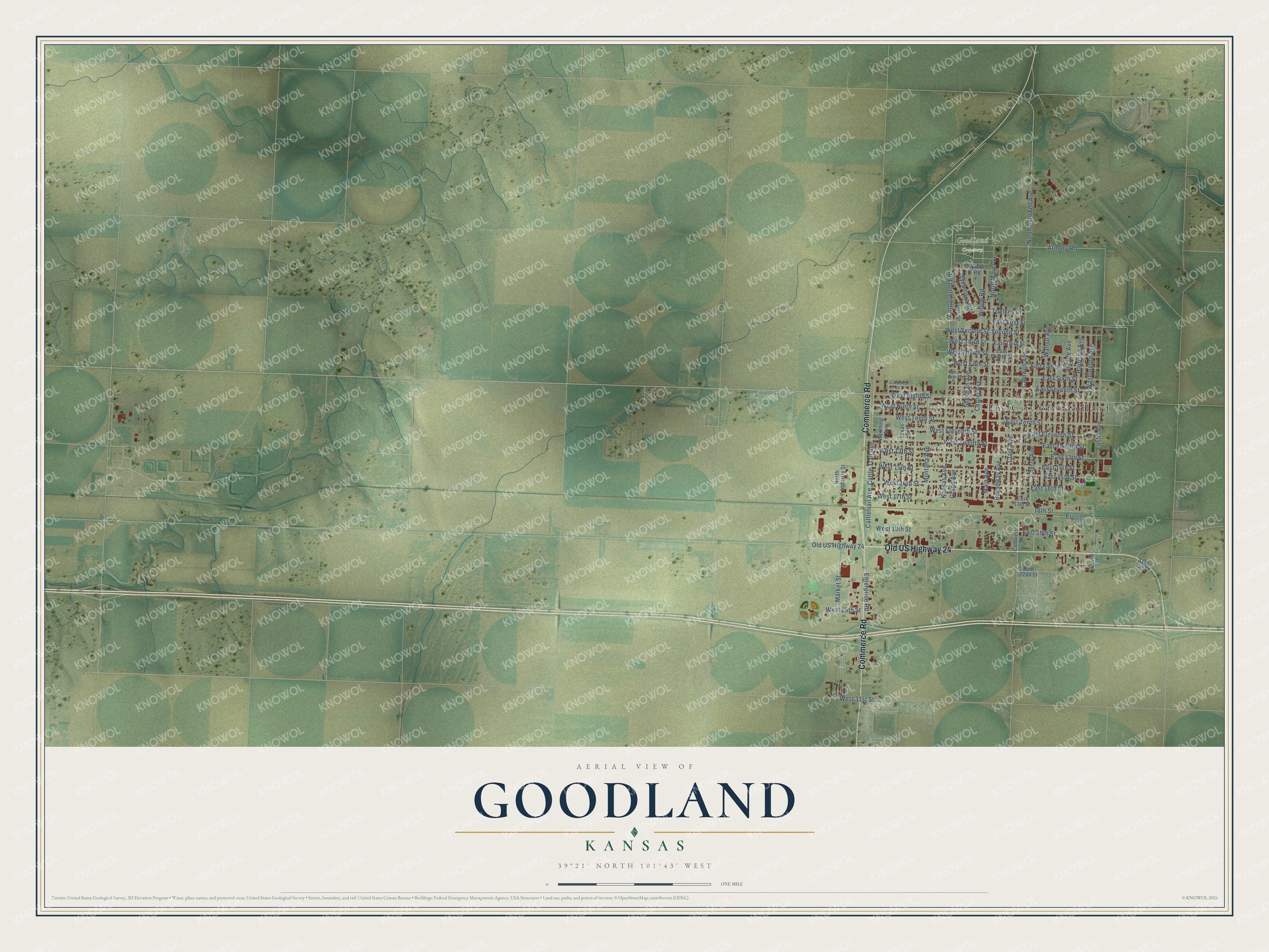Full map of Goodland, Kansas, with red buildings, printed street names and the land around them