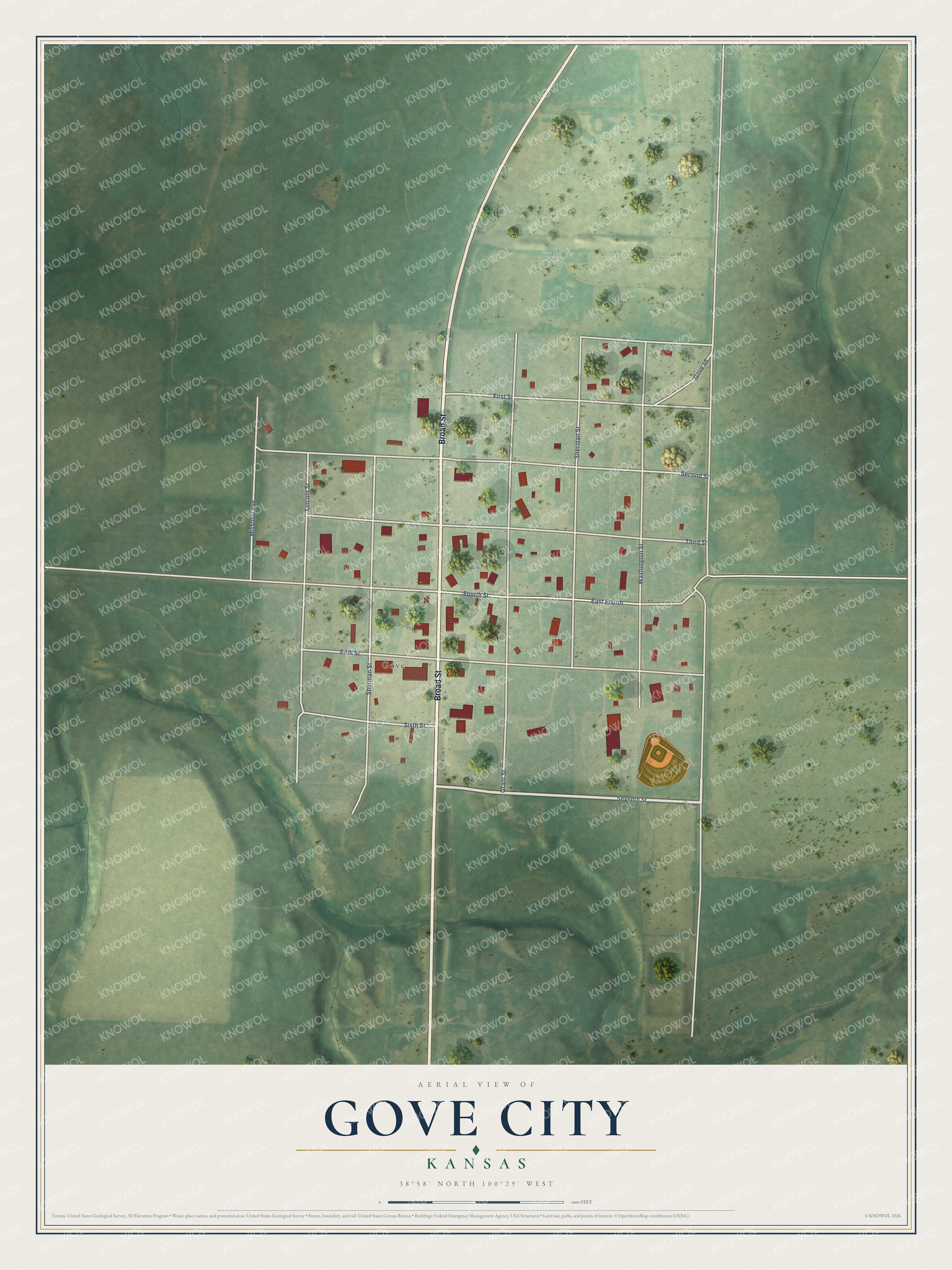 Full map of Gove City, Kansas, with red buildings, printed street names and the land around them