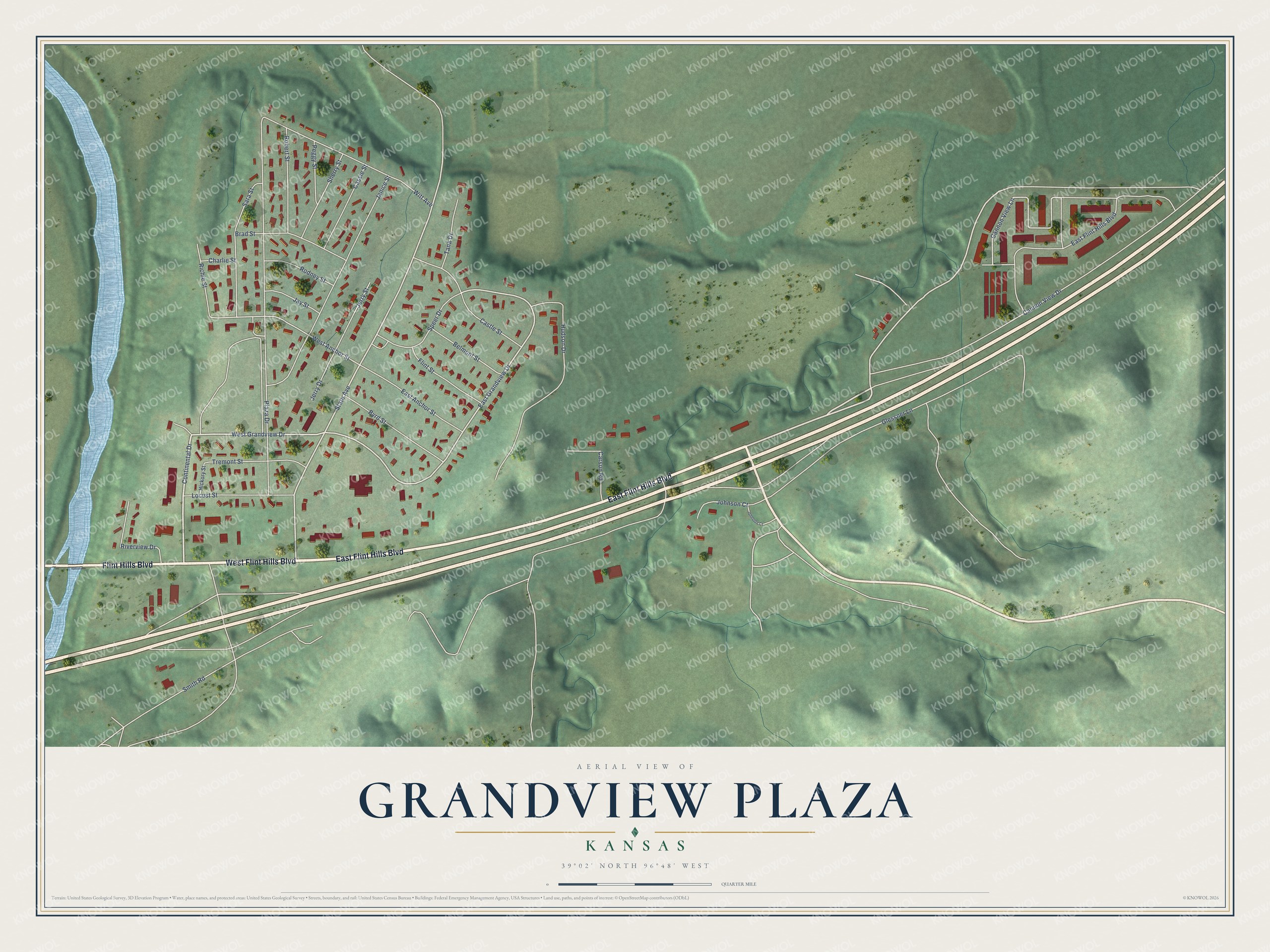 Full map of Grandview Plaza, Kansas, with red buildings, printed street names and the land around them
