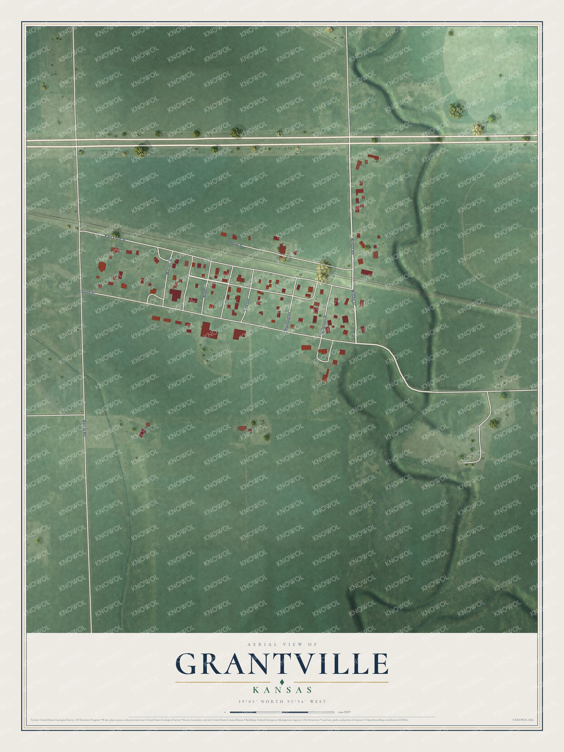 Full map of Grantville, Kansas, with red buildings, printed street names and the land around them