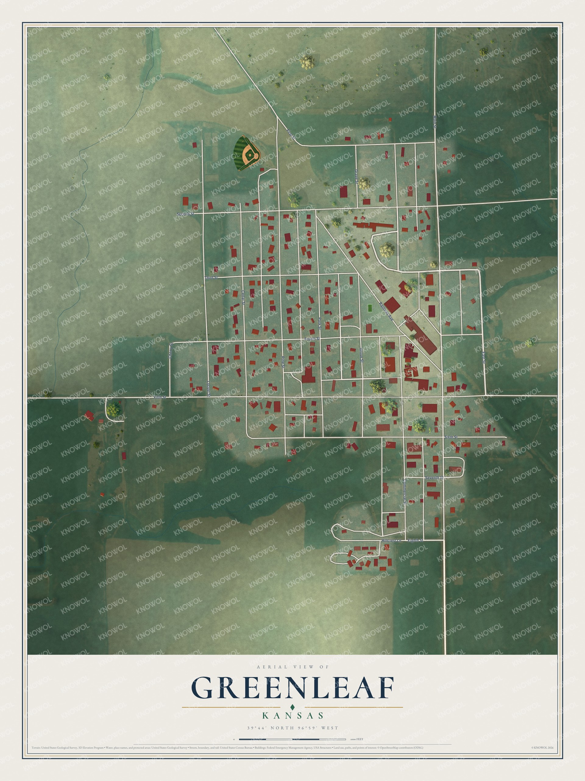 Full map of Greenleaf, Kansas, with red buildings, printed street names and the land around them