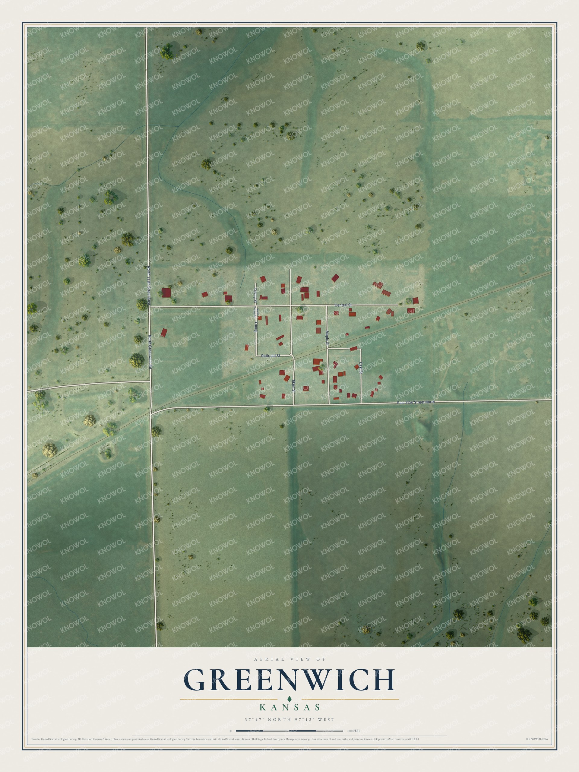 Full map of Greenwich, Kansas, with red buildings, printed street names and the land around them