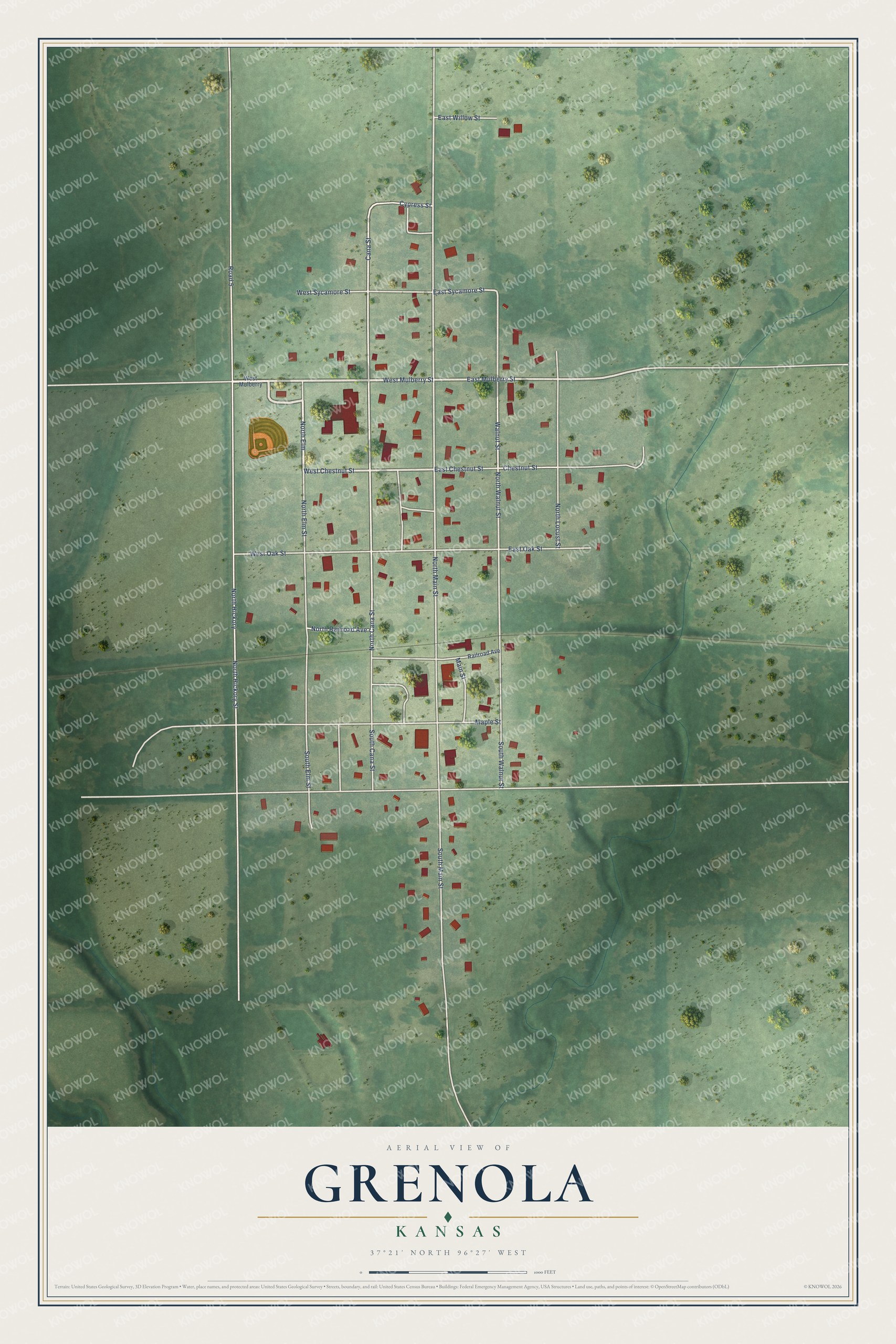 Full map of Grenola, Kansas, with red buildings, printed street names and the land around them