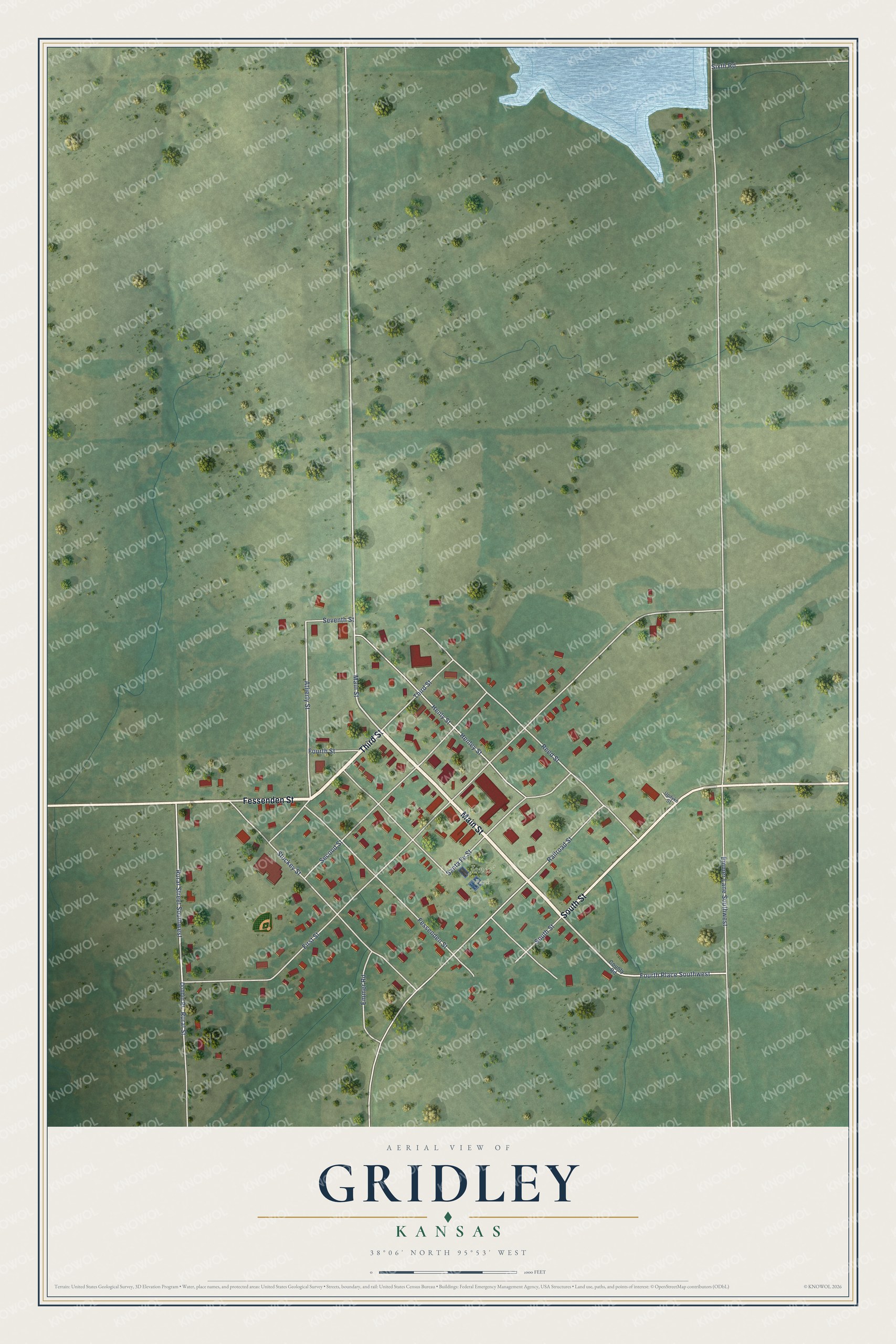 Full map of Gridley, Kansas, with red buildings, printed street names and the land around them