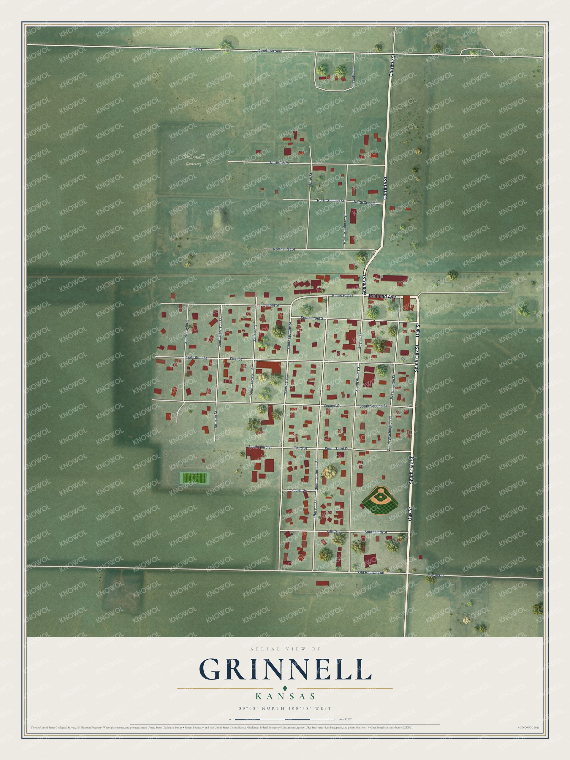 Full map of Grinnell, Kansas, with red buildings, printed street names and the land around them