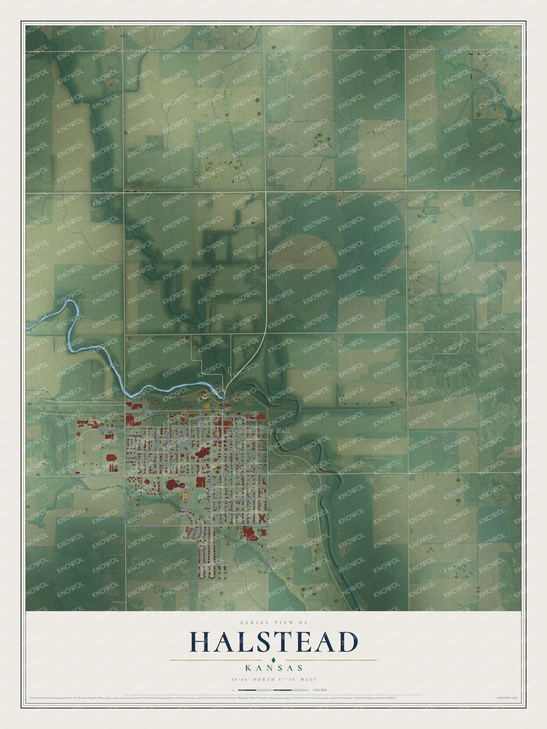Full map of Halstead, Kansas, with red buildings, printed street names and the land around them