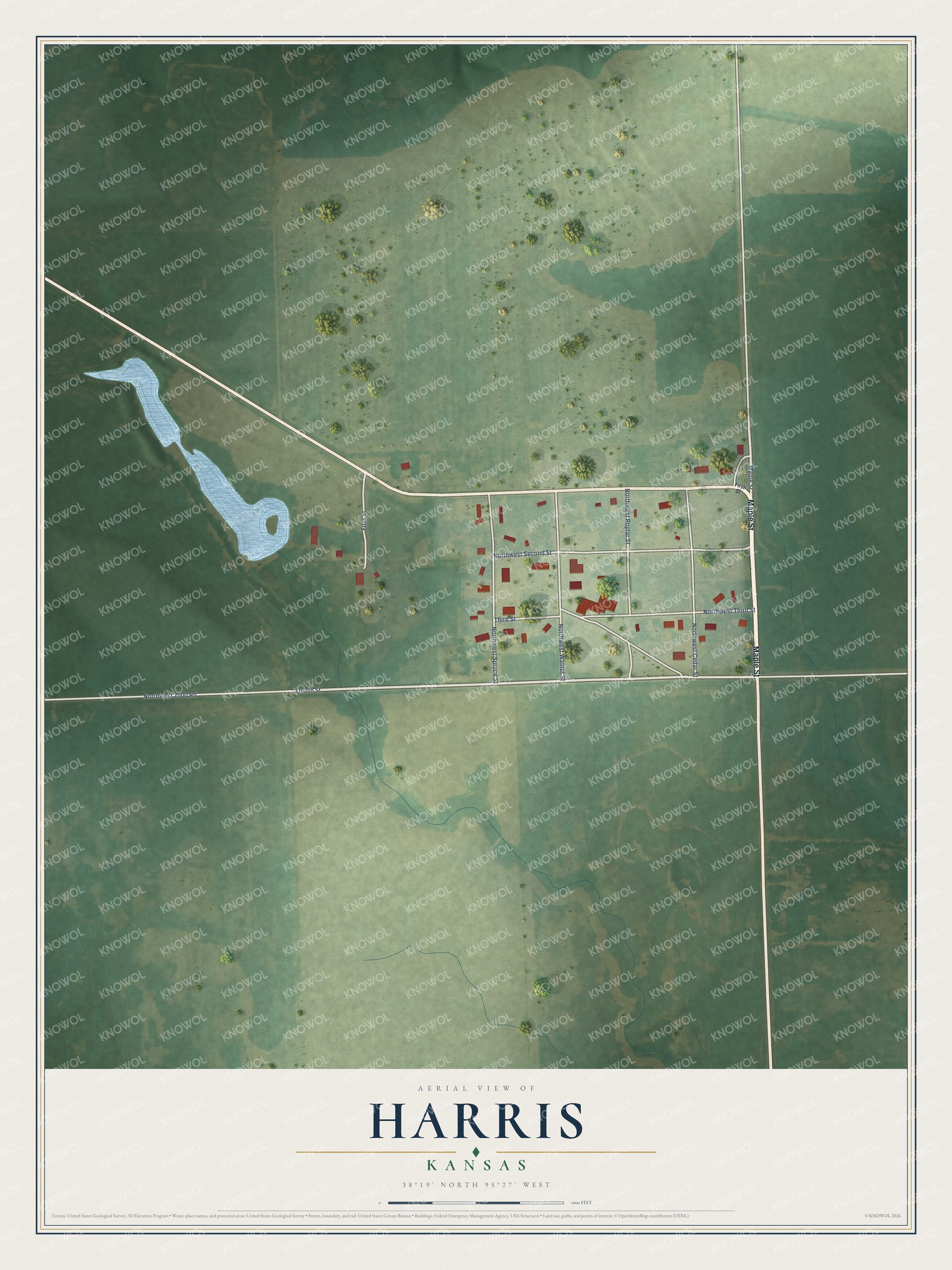 Full map of Harris, Kansas, with red buildings, printed street names and the land around them