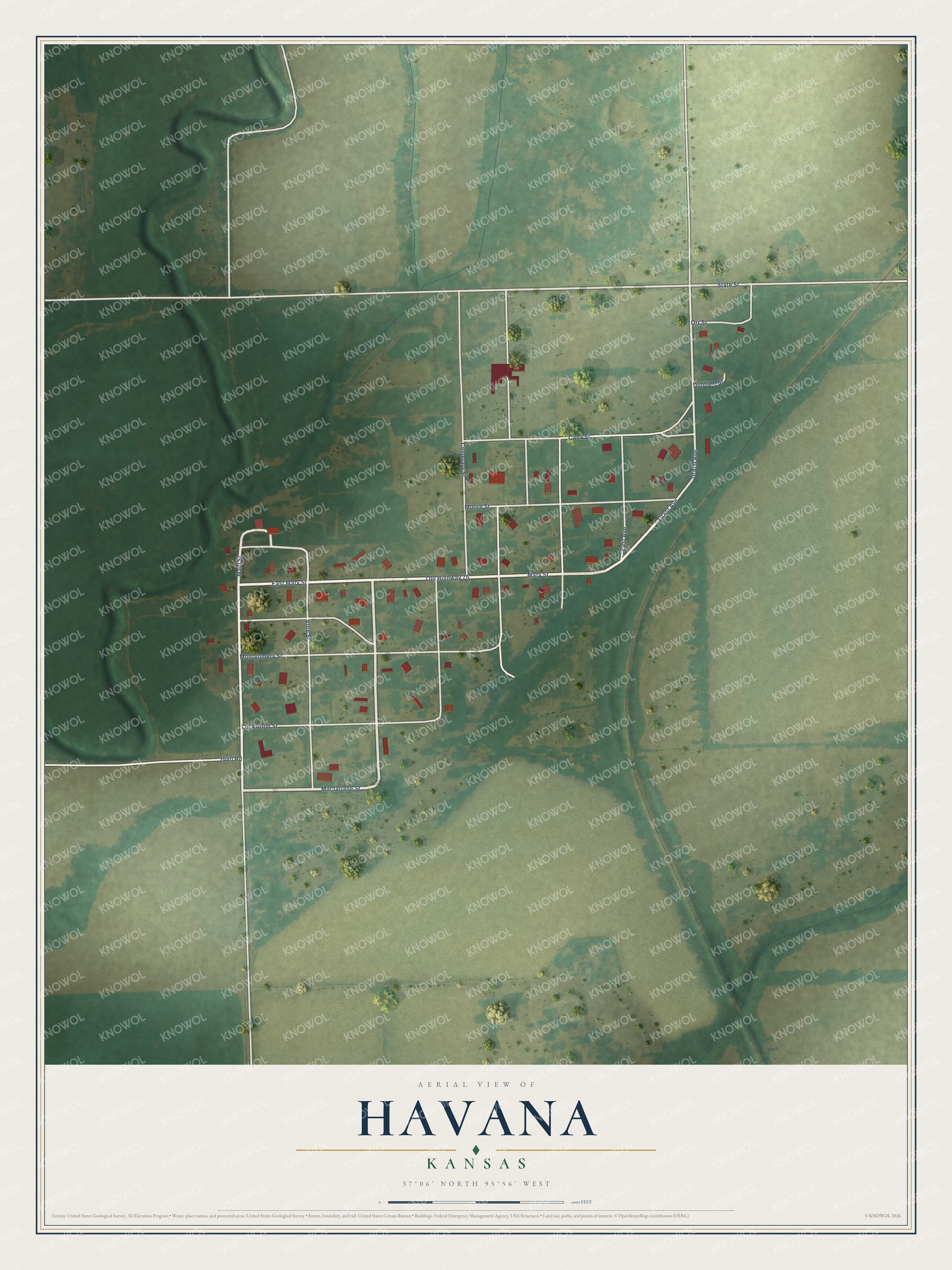 Full map of Havana, Kansas, with red buildings, printed street names and the land around them