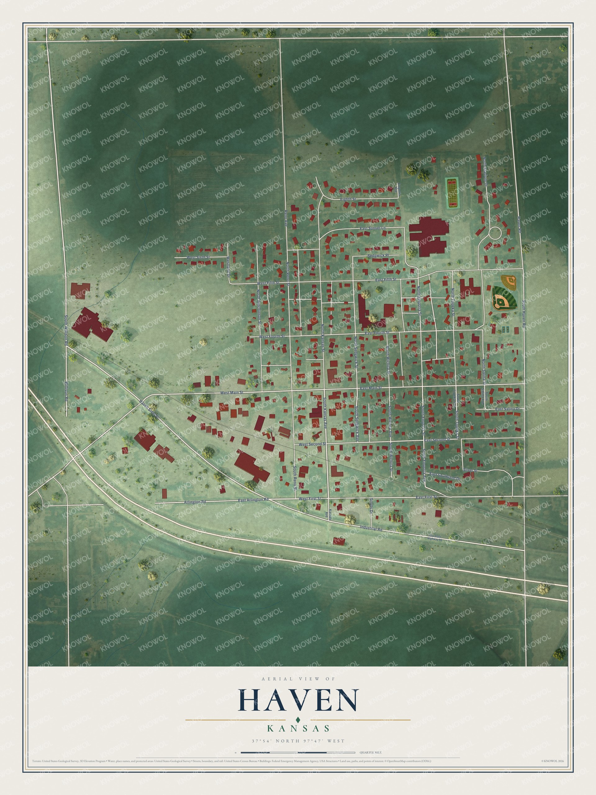 Full map of Haven, Kansas, with red buildings, printed street names and the land around them