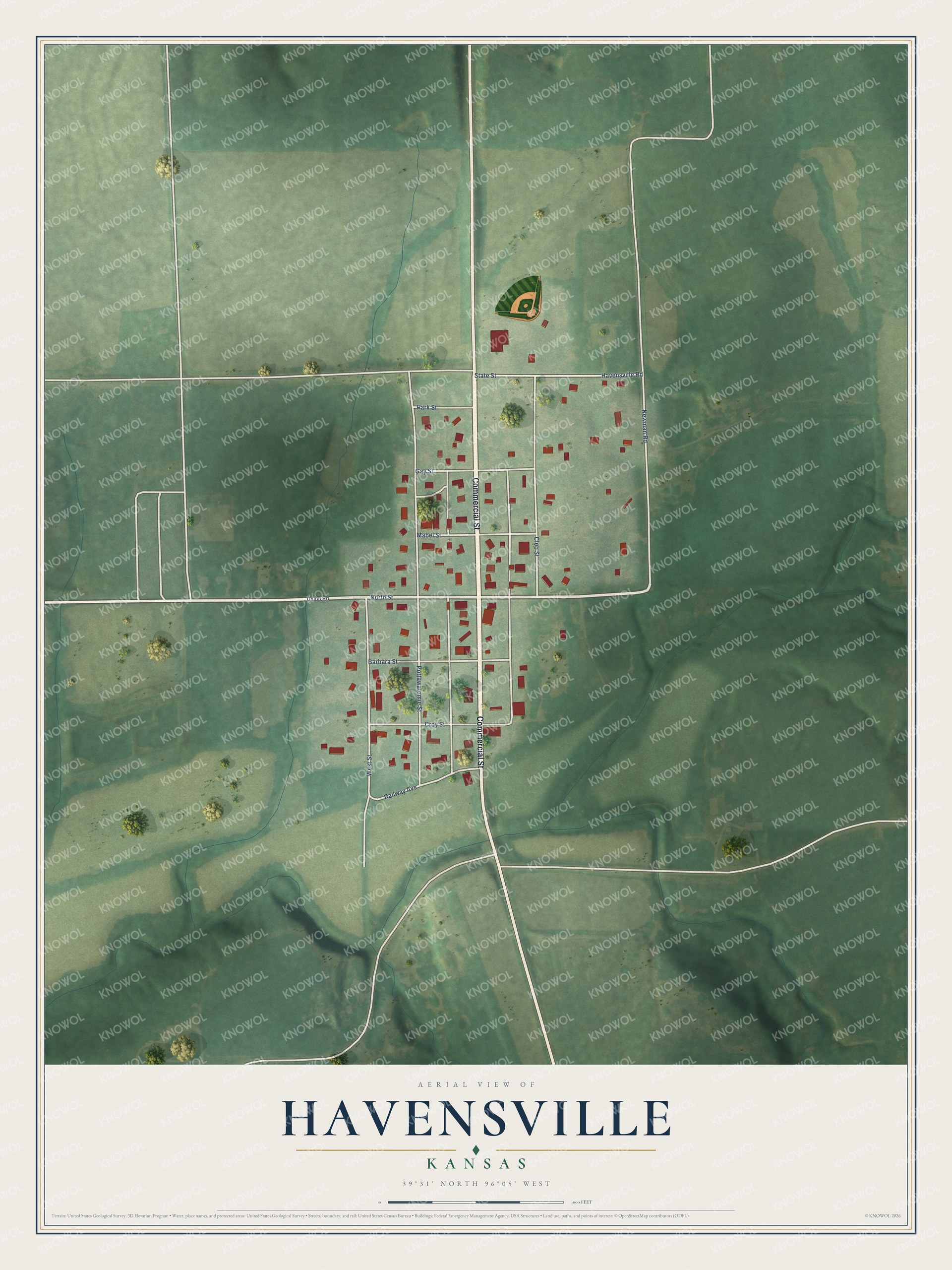 Full map of Havensville, Kansas, with red buildings, printed street names and the land around them
