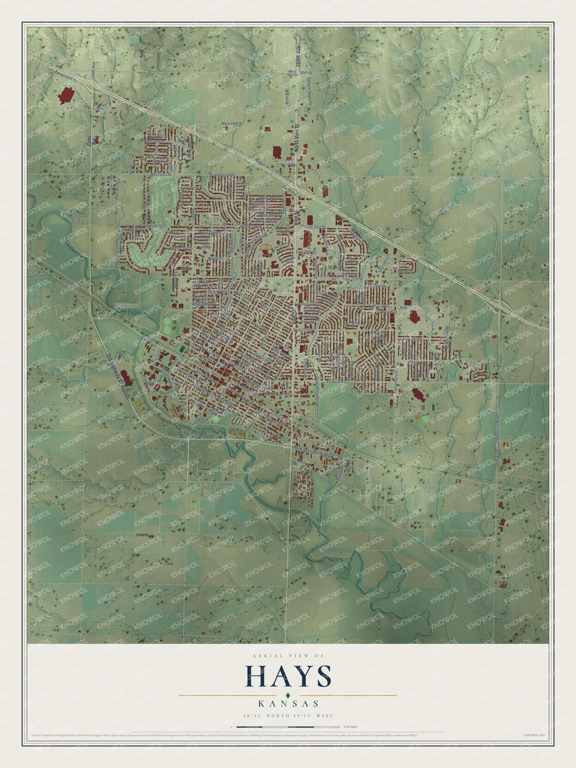 Full map of Hays, Kansas, with red buildings, printed street names and the land around them