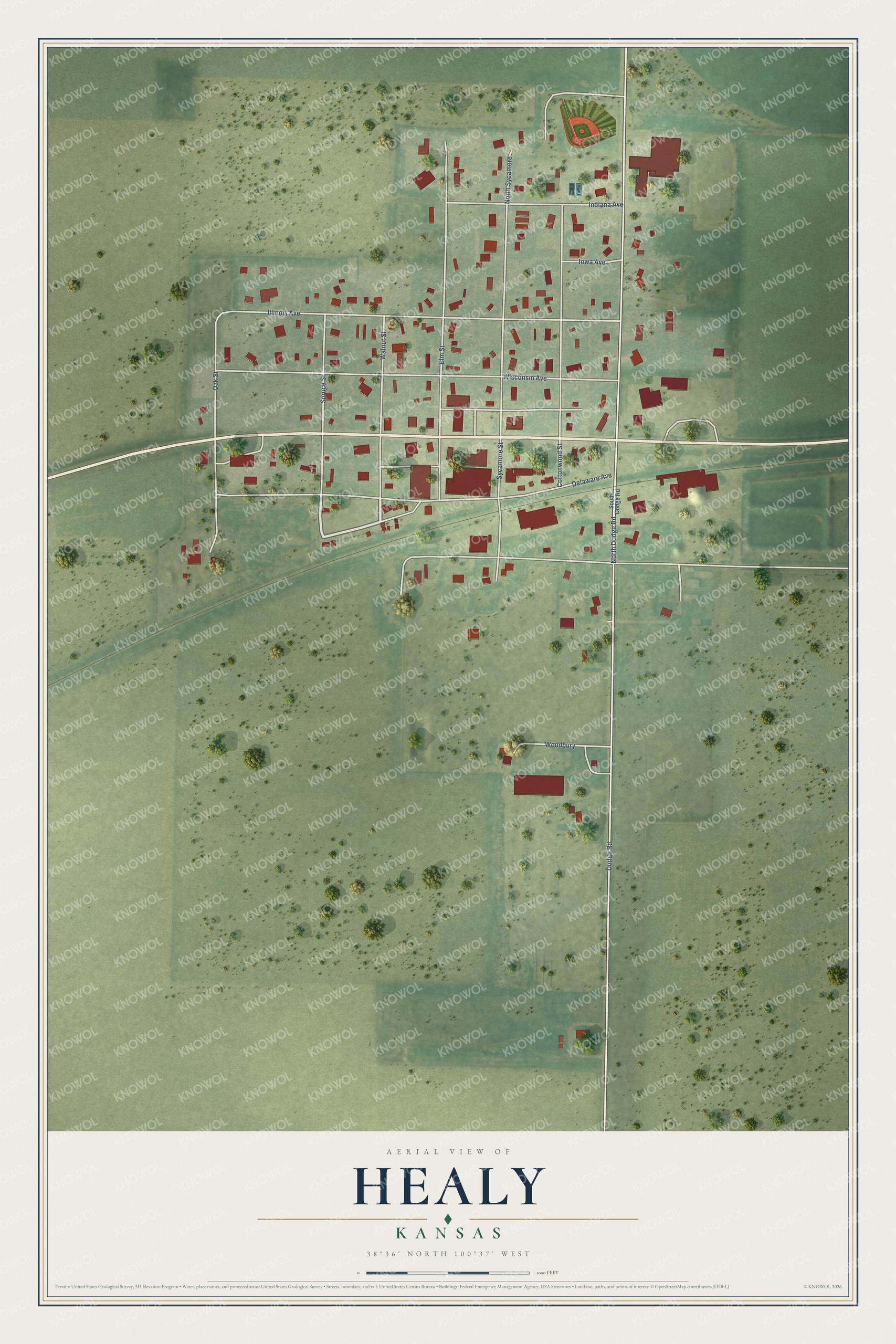 Full map of Healy, Kansas, with red buildings, printed street names and the land around them