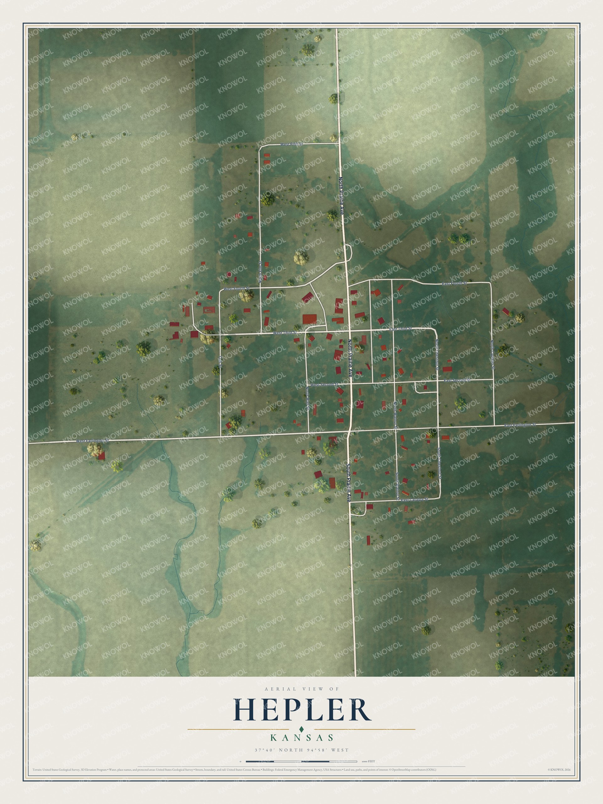 Full map of Hepler, Kansas, with red buildings, printed street names and the land around them