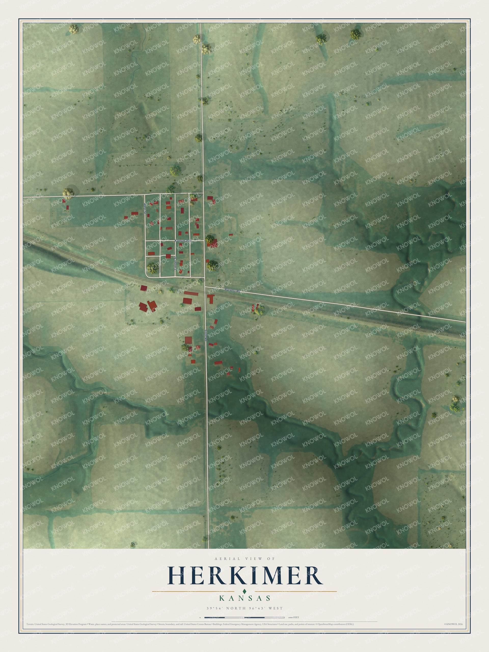 Full map of Herkimer, Kansas, with red buildings, printed street names and the land around them