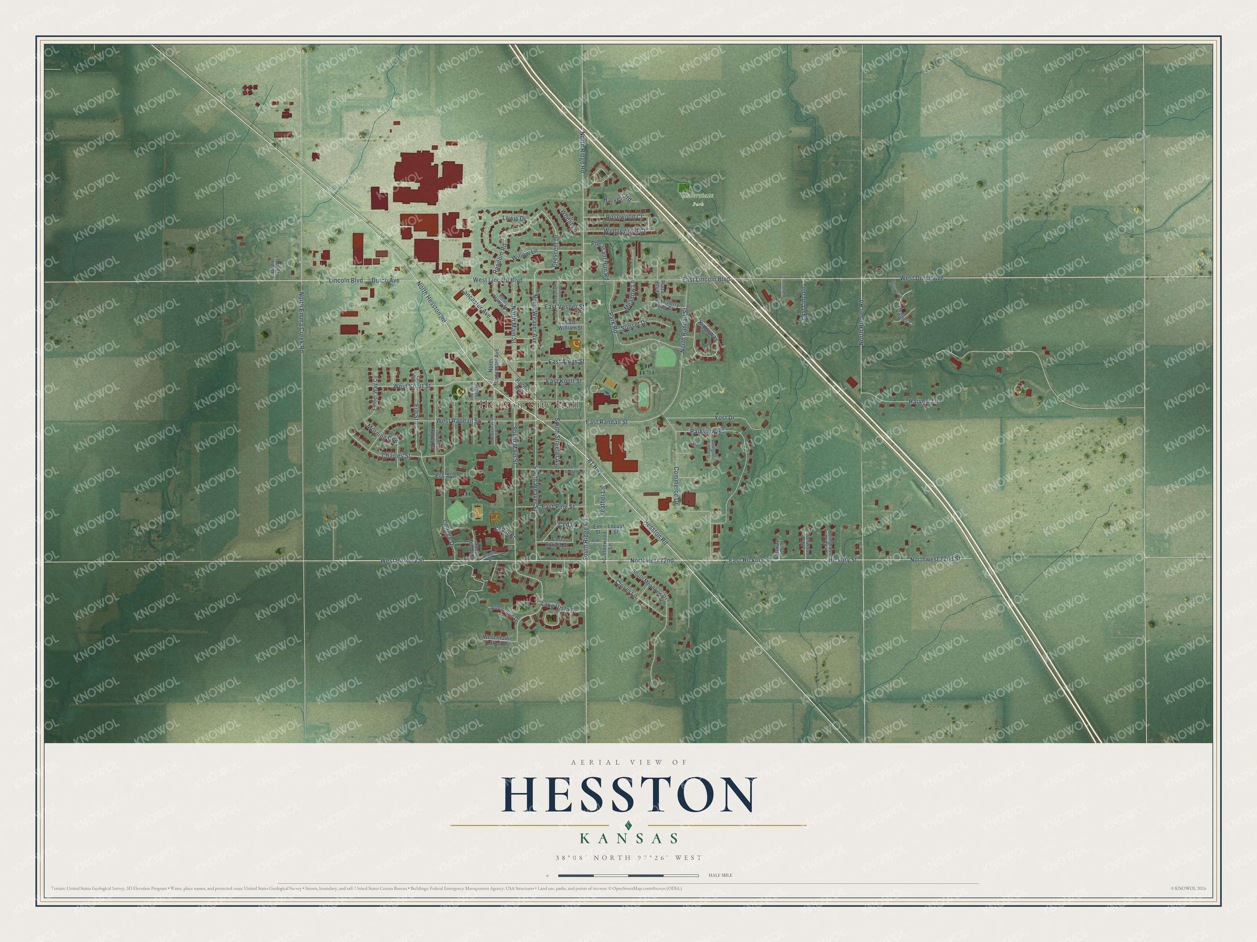 Full map of Hesston, Kansas, with red buildings, printed street names and the land around them