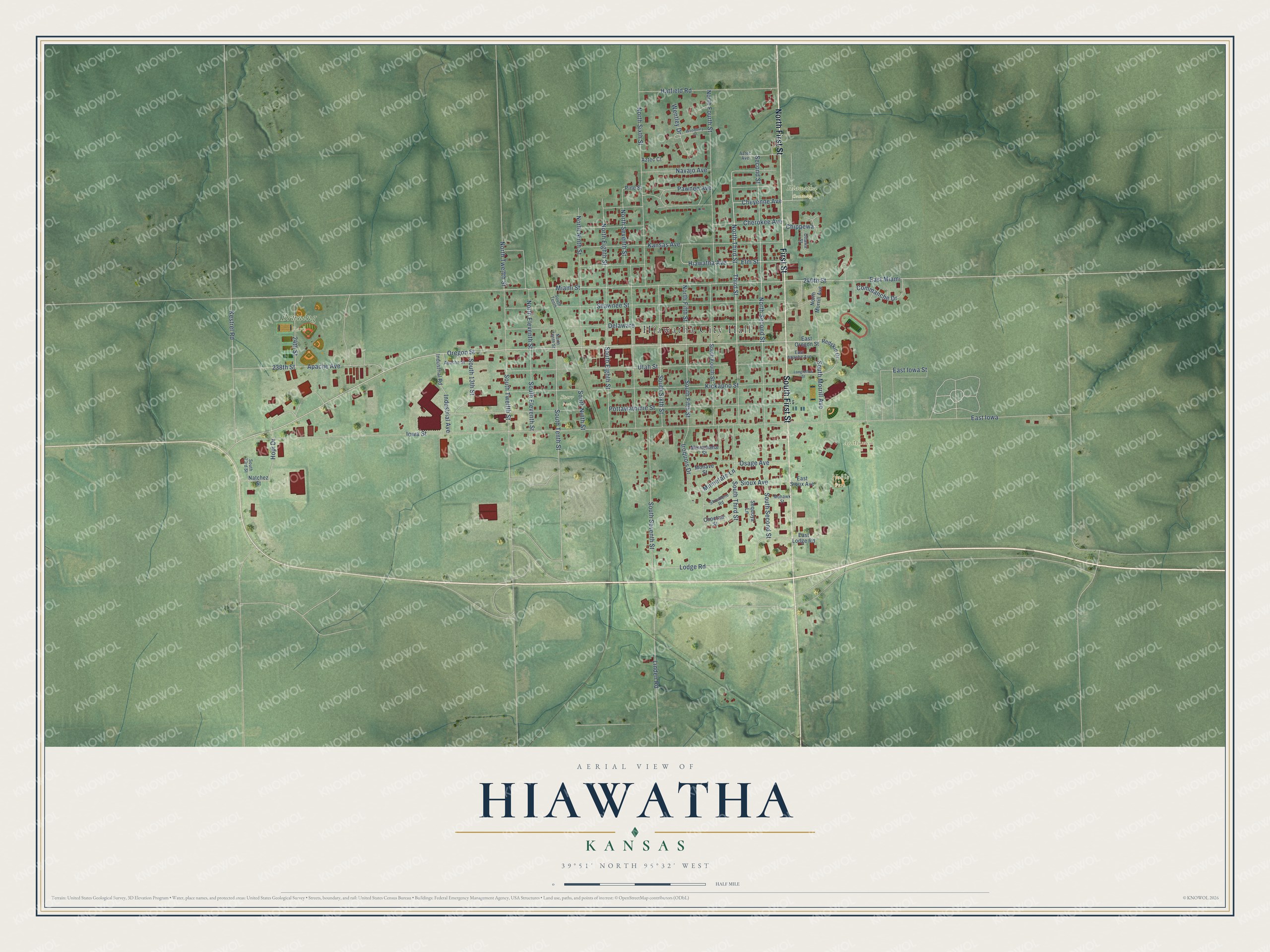 Full map of Hiawatha, Kansas, with red buildings, printed street names and the land around them