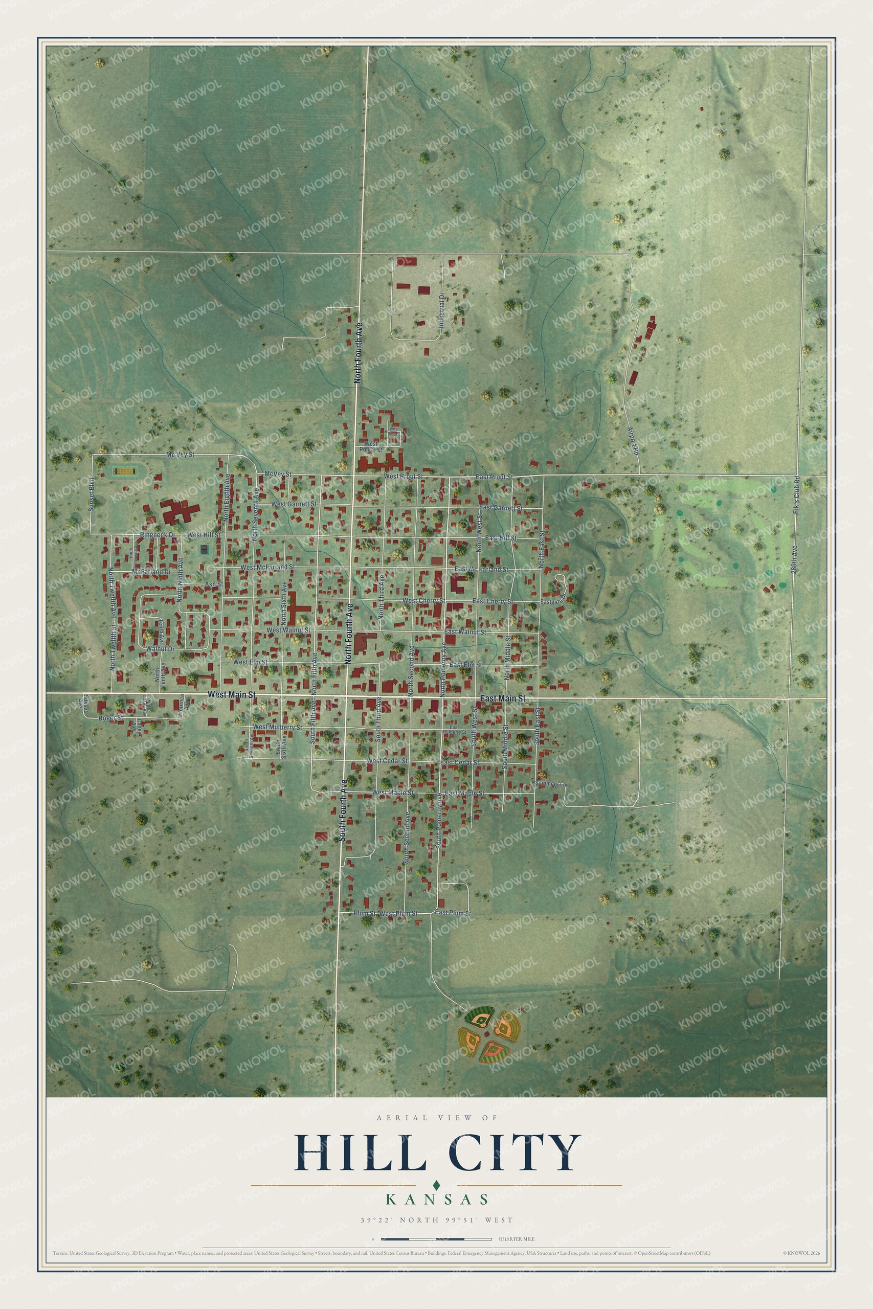 Full map of Hill City, Kansas, with red buildings, printed street names and the land around them