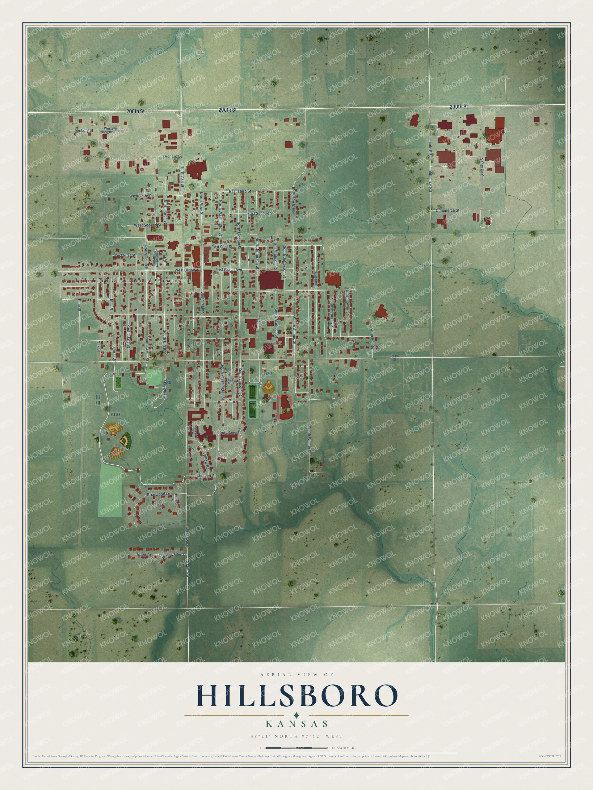 Full map of Hillsboro, Kansas, with red buildings, printed street names and the land around them