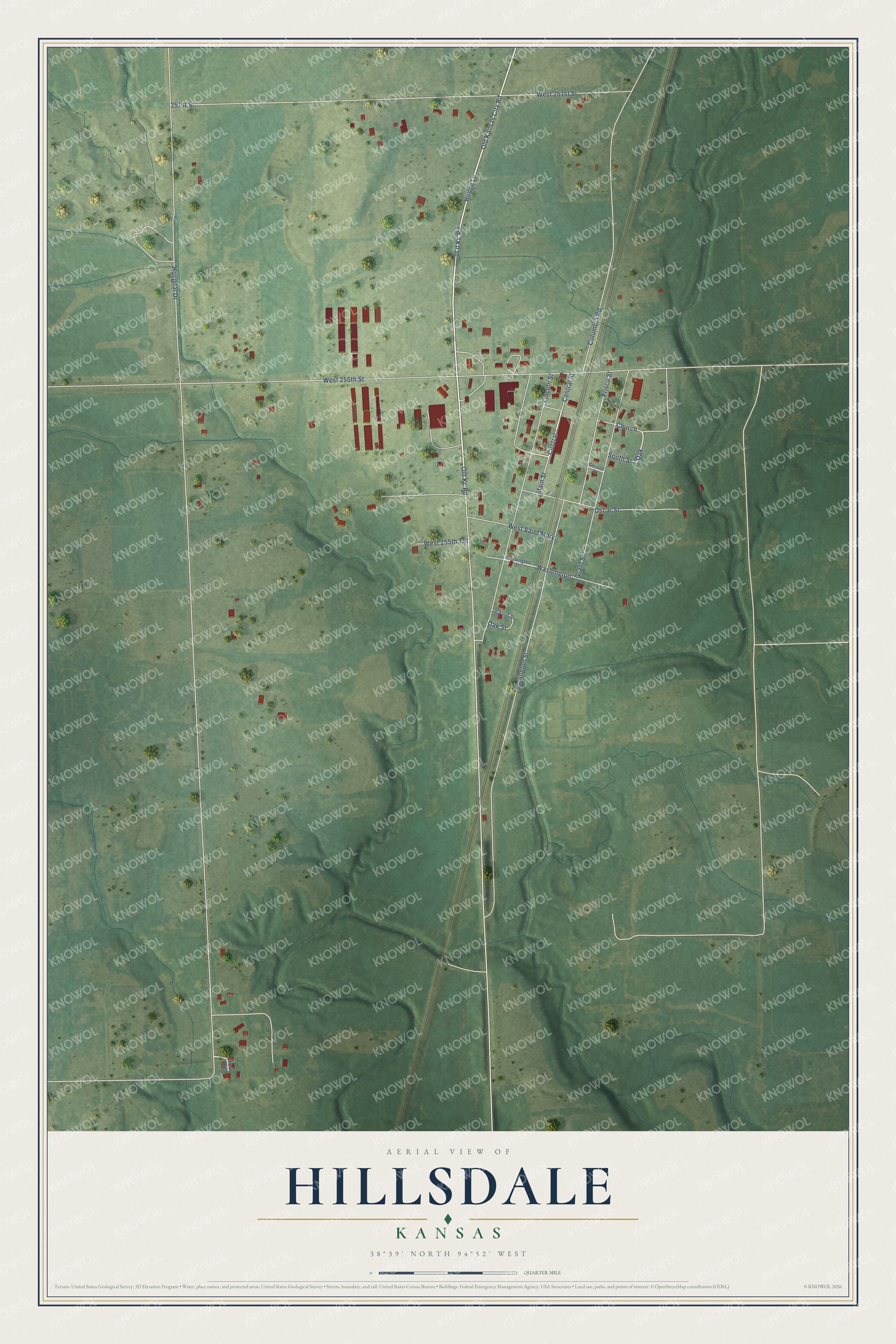 Full map of Hillsdale, Kansas, with red buildings, printed street names and the land around them